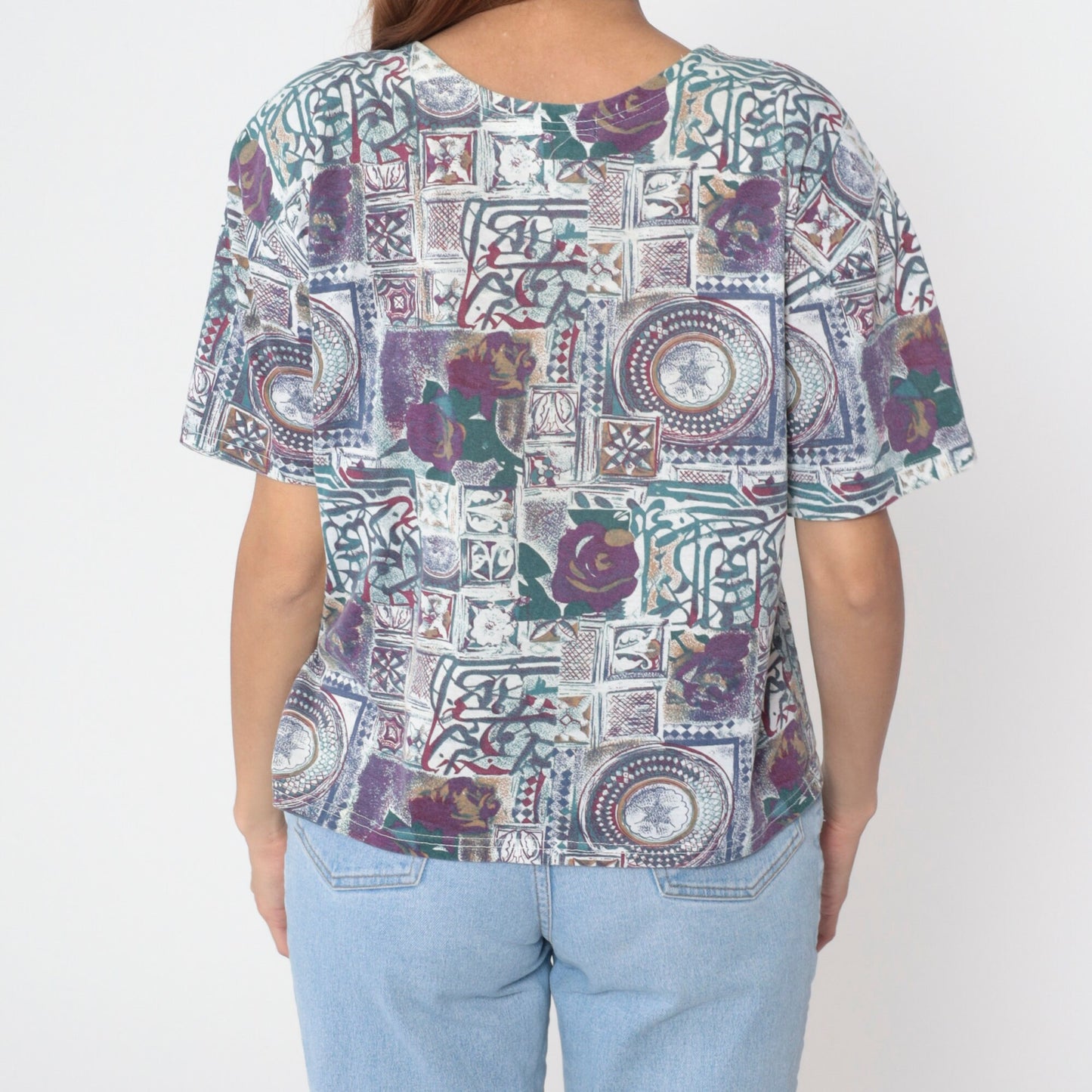 90s Purple Floral Mandala Henley Shirt Short Sleeve Button Up Large L
