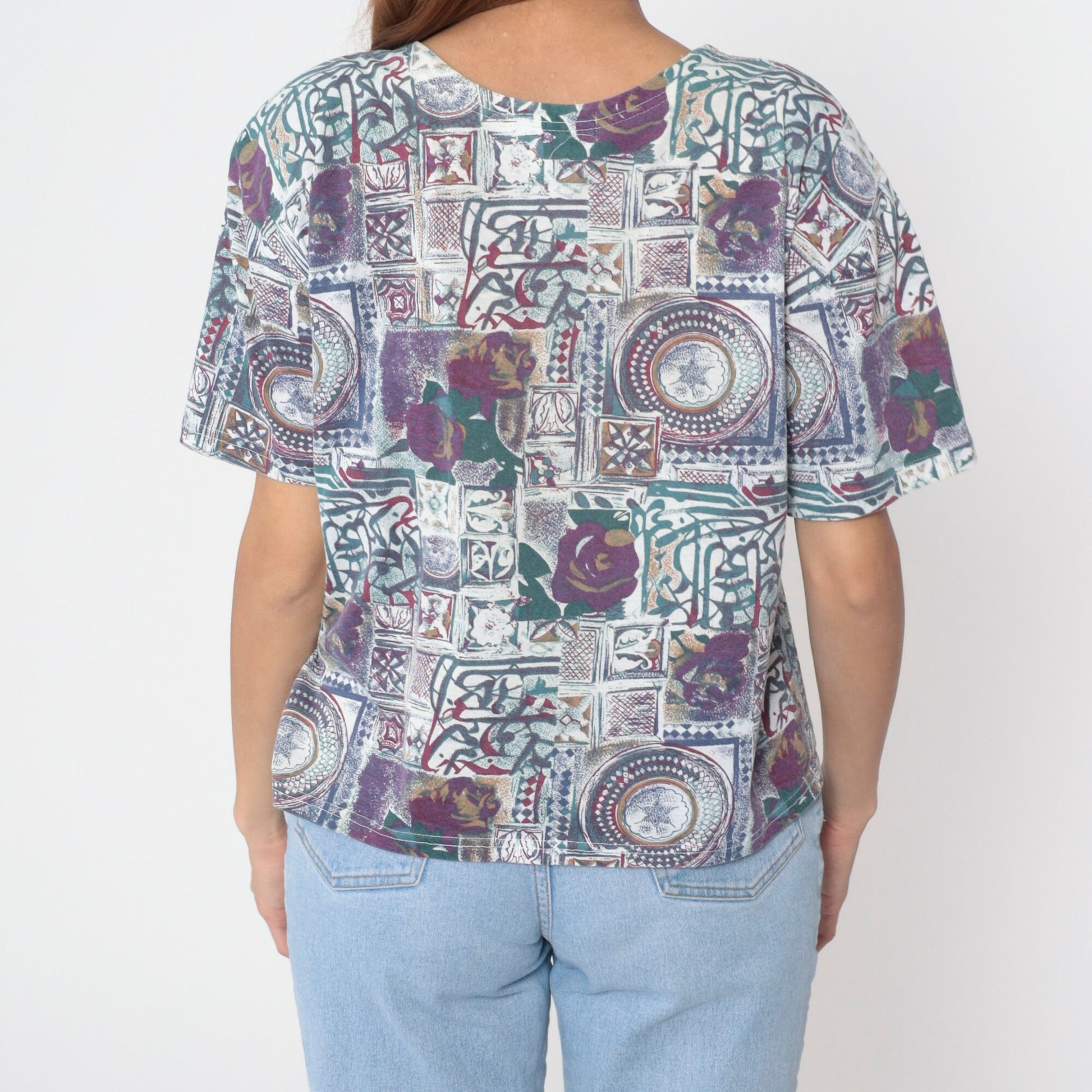 90s Purple Floral Mandala Henley Shirt Short Sleeve Button Up Large L