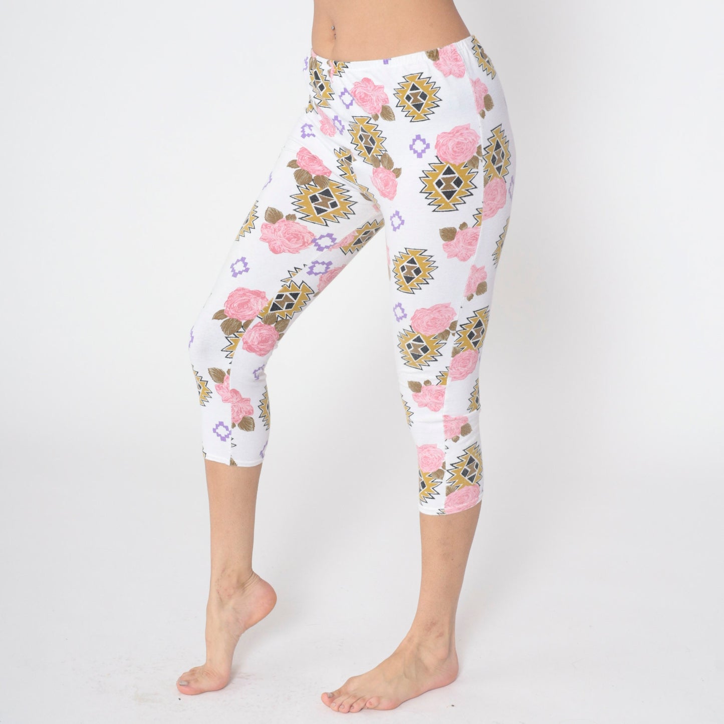 90s Floral Southwestern Capri Leggings White Pink Rose High Waist Extra Small