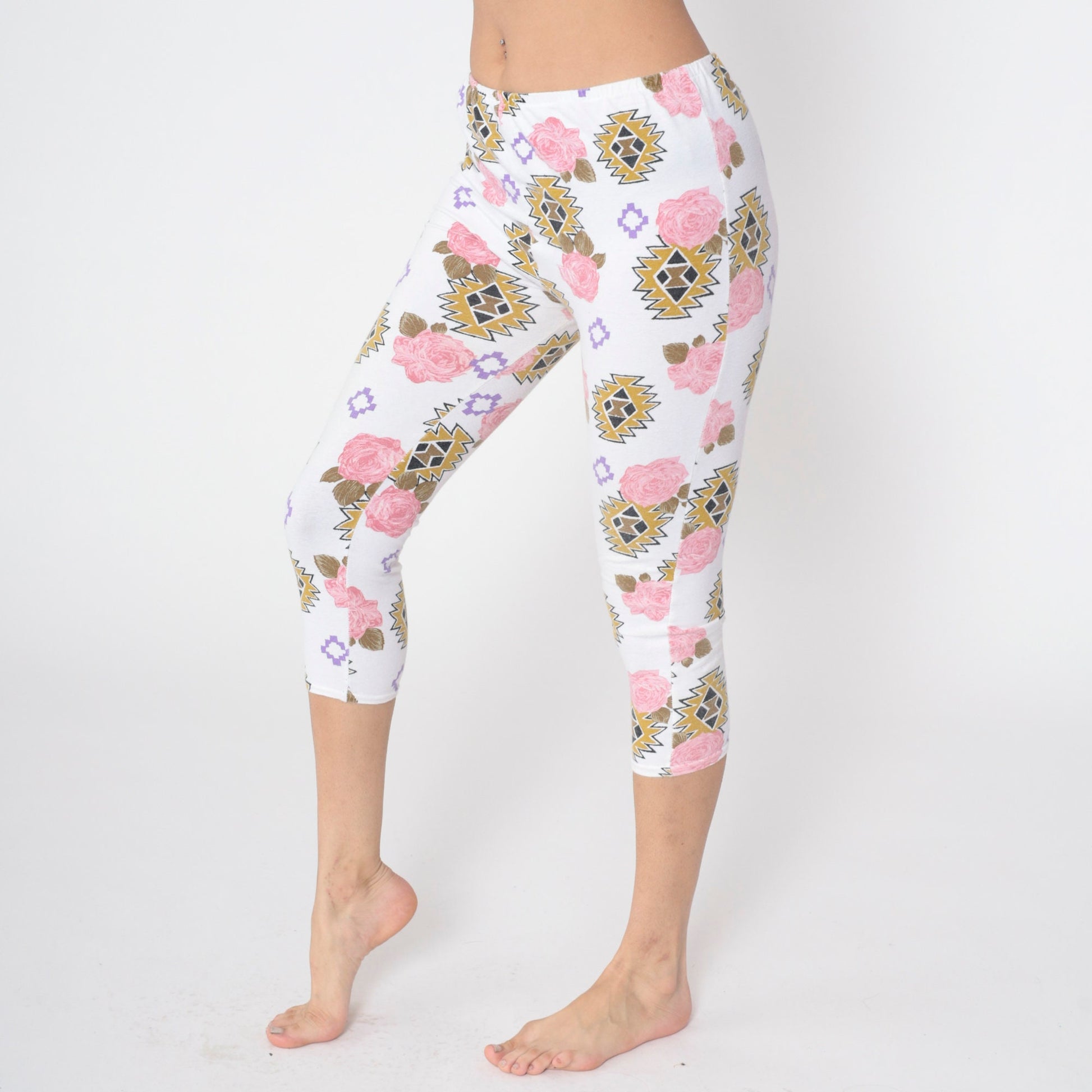 90s Floral Southwestern Capri Leggings White Pink Rose High Waist Extra Small