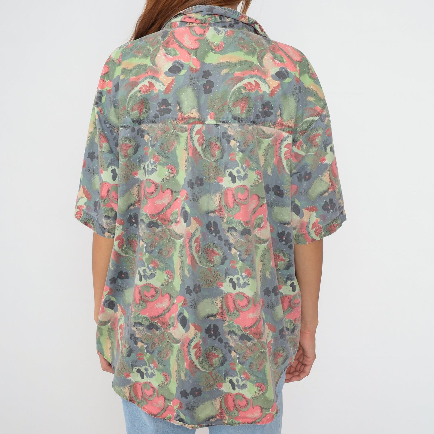 90s Abstract Floral Button-Up Blouse Plus Size Grey Pink Green Short Sleeve XXL