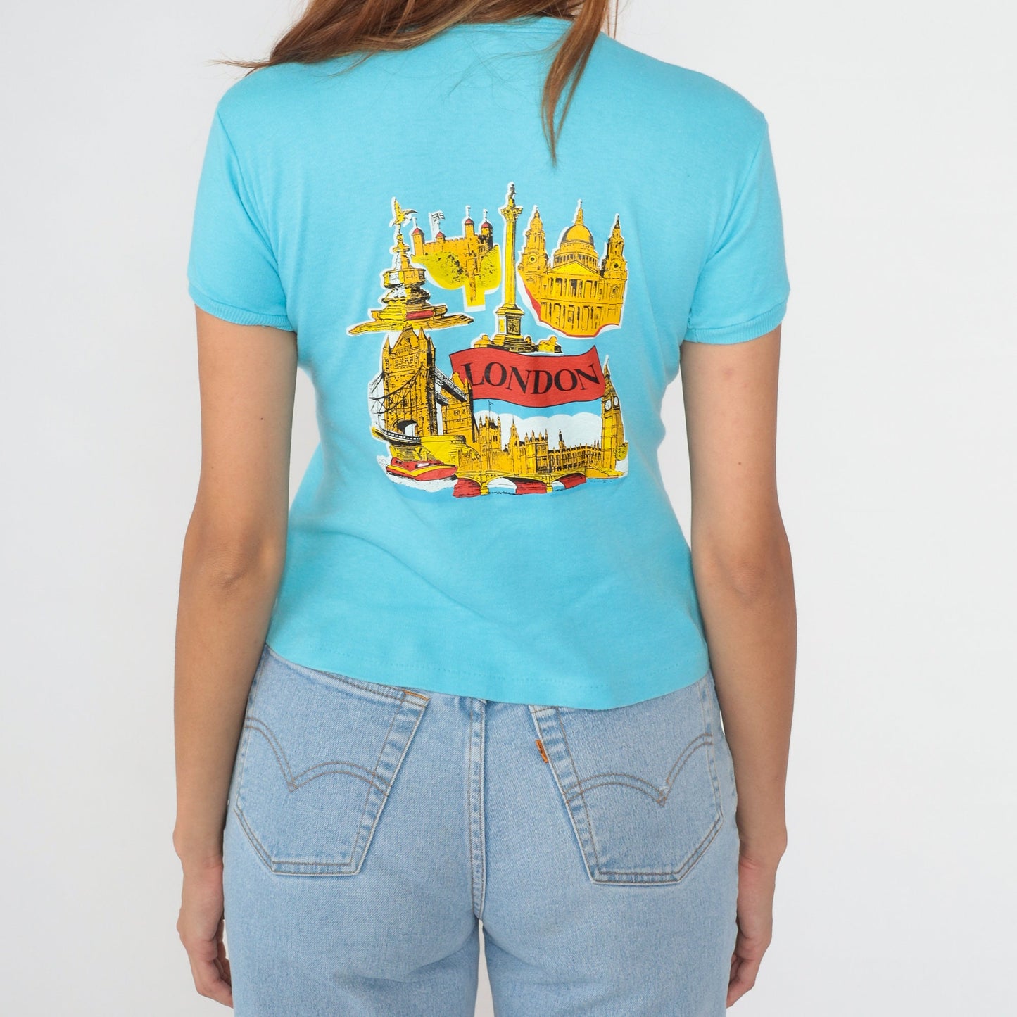 80s London King's Guard Big Ed Graphic Baby Tee Blue Cotton Small S