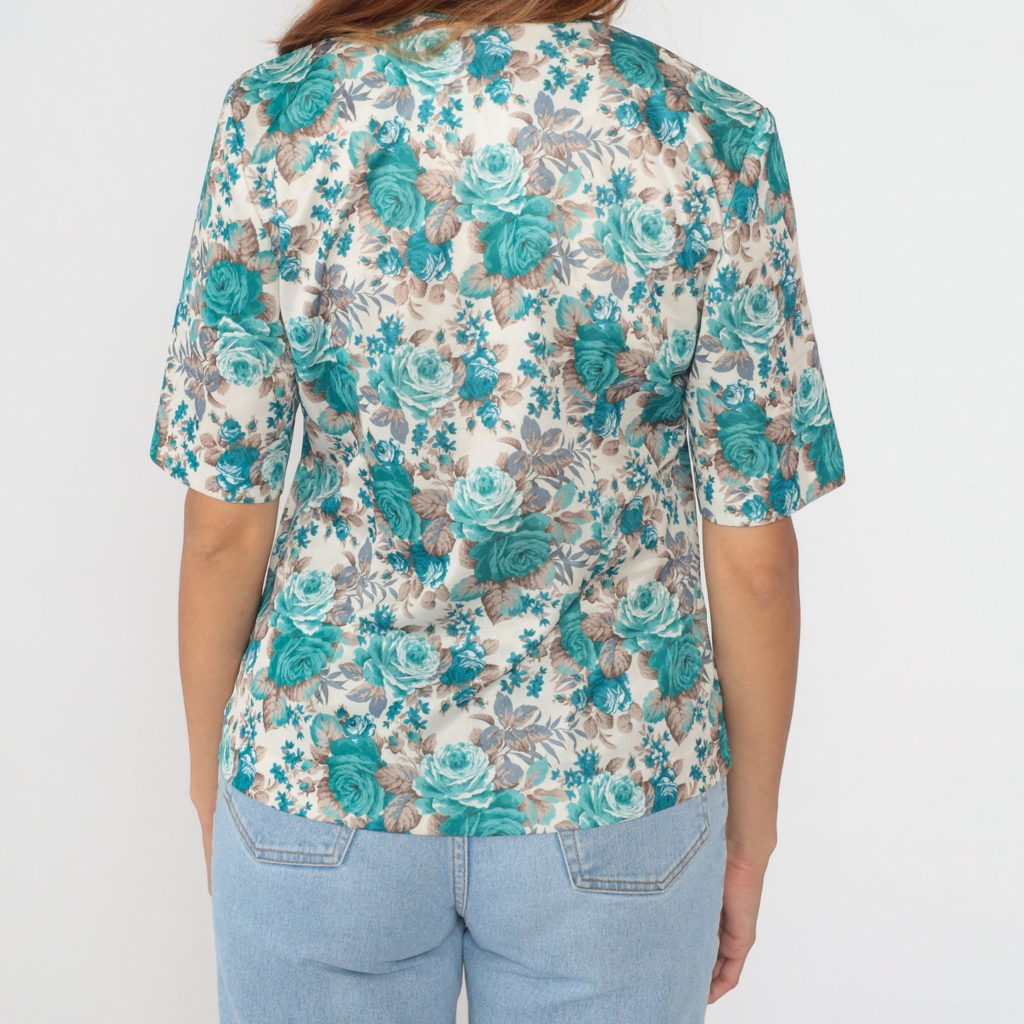 80s Blue Floral Button-Up Blouse Short Sleeve Rose Print Shirt Medium
