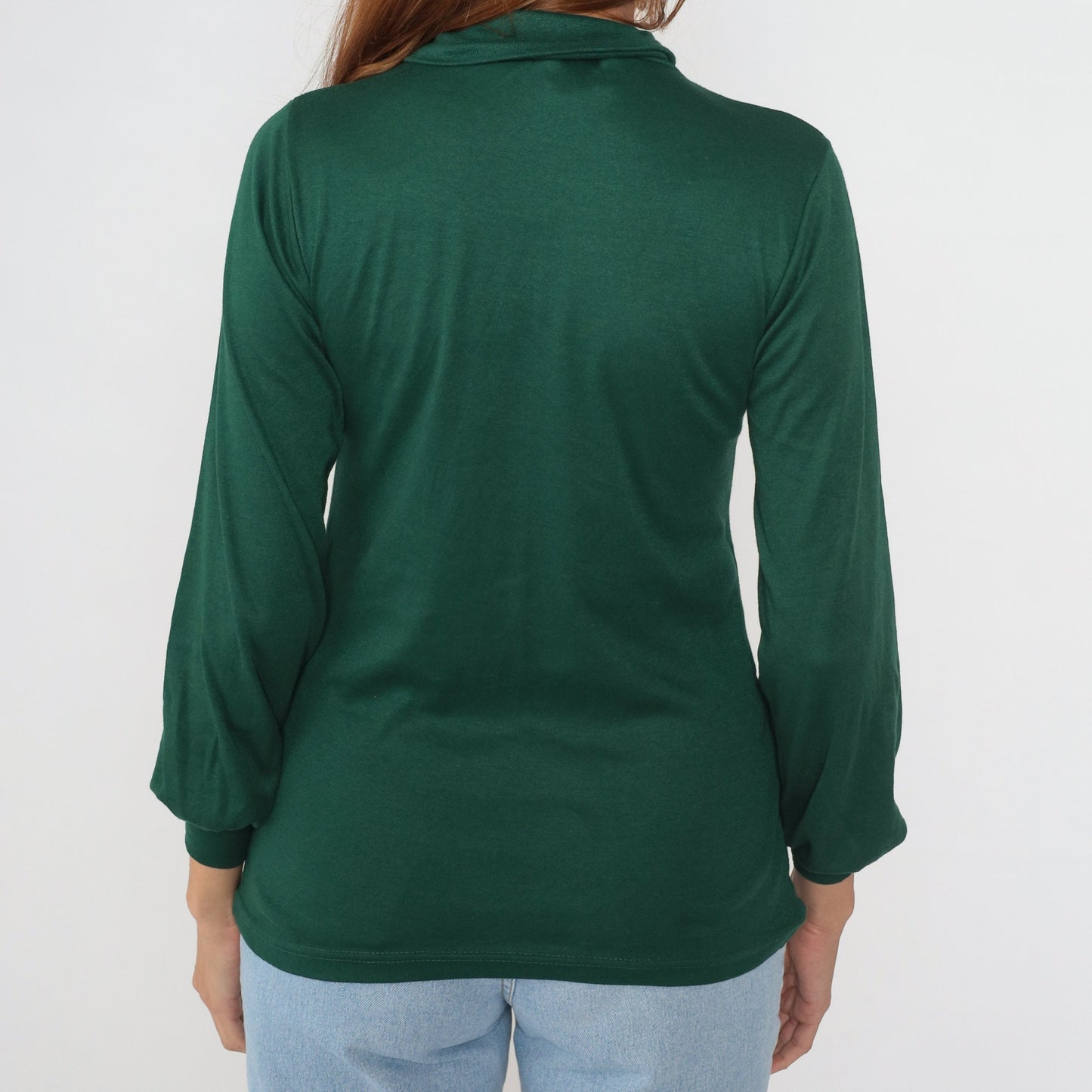 80s Forest Green Turtleneck Balloon Sleeve Blouse Large L