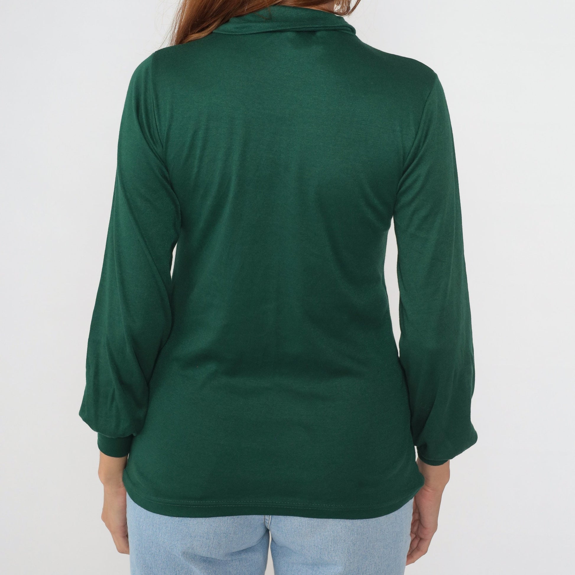 80s Forest Green Turtleneck Balloon Sleeve Blouse Large L