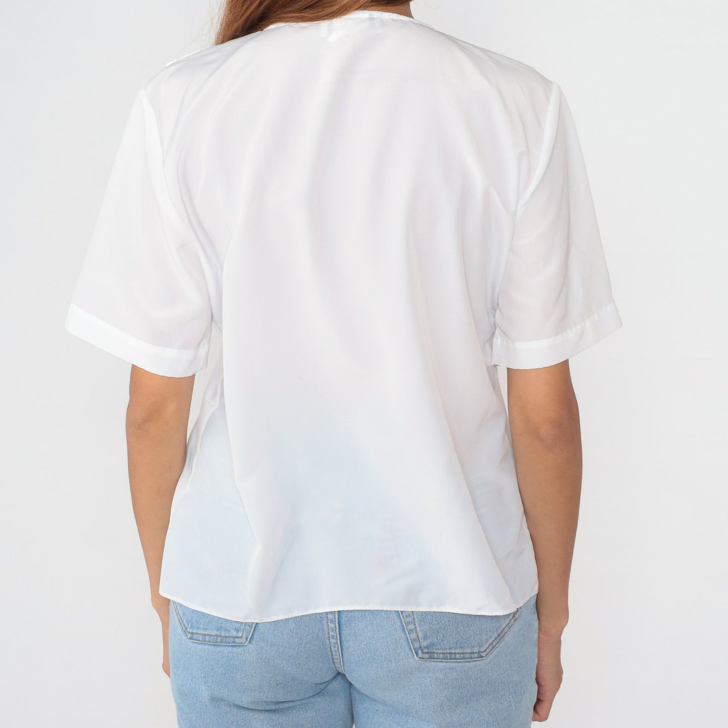 90s White Floral Bertha Collar Blouse Button-Up Short Sleeve Medium