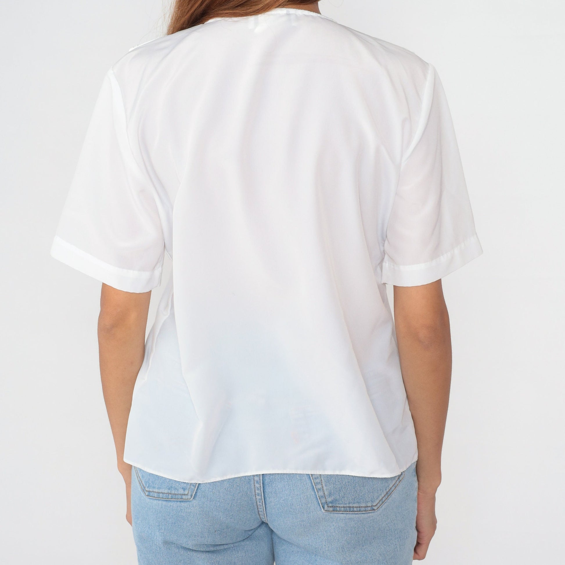 90s White Floral Bertha Collar Blouse Button-Up Short Sleeve Medium