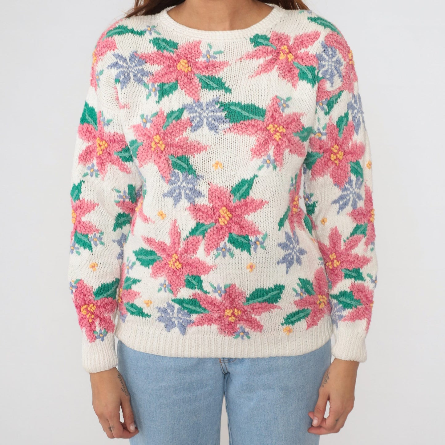 90s Northern Isles Floral Knit Sweater White Pink Green Crewneck Medium M