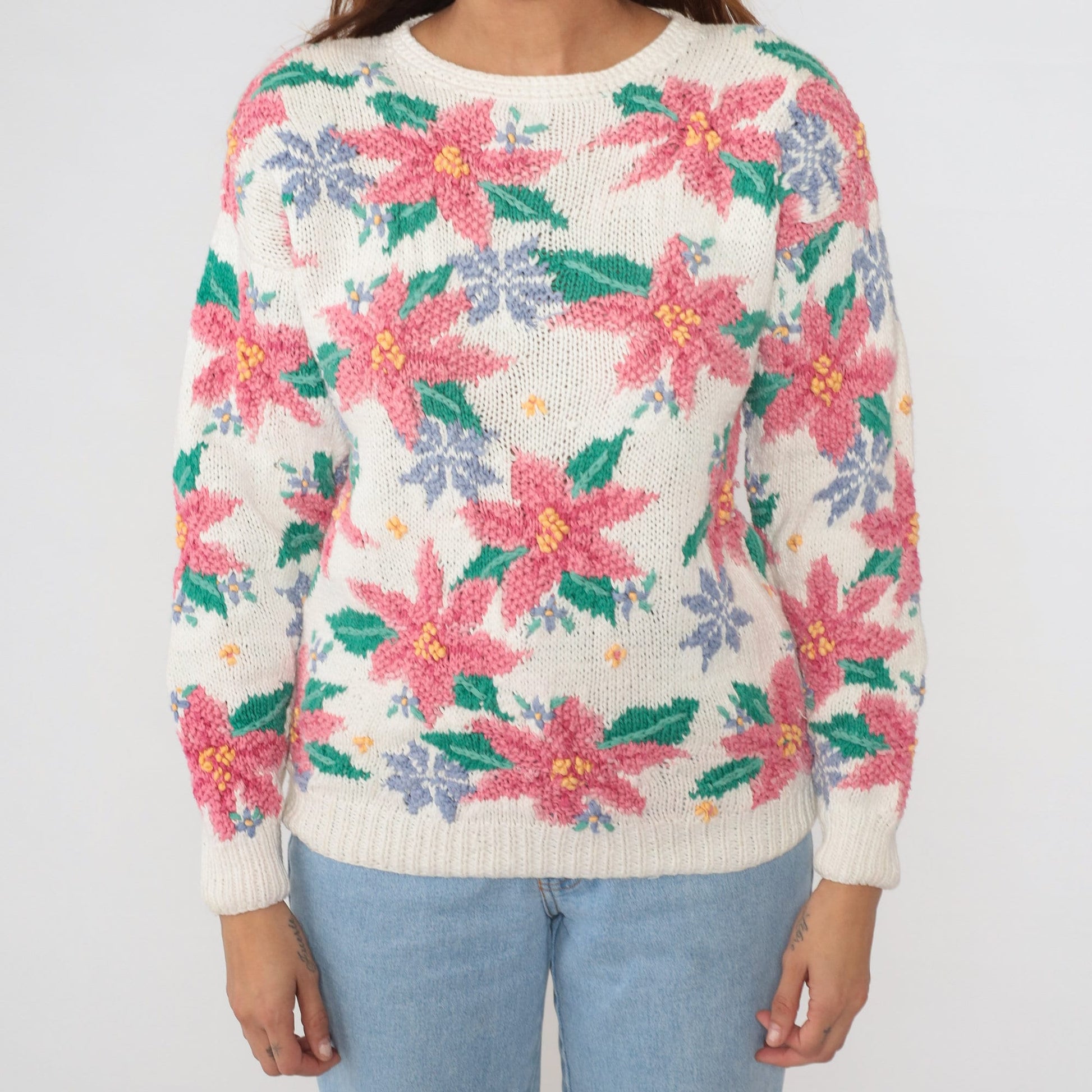 90s Northern Isles Floral Knit Sweater White Pink Green Crewneck Medium M