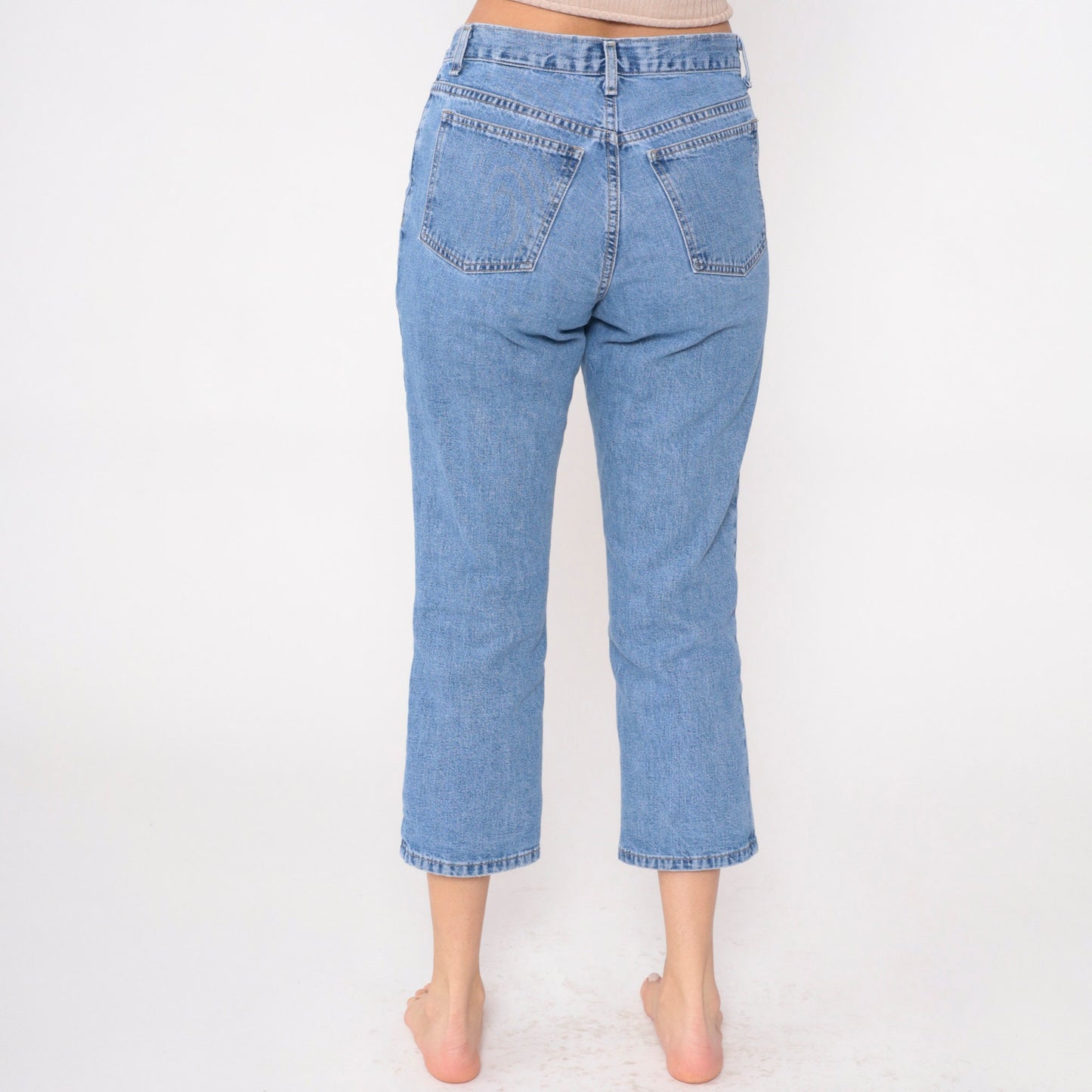90s Capri Jeans Button Fly Mid Rise Cropped Denim Blue Small