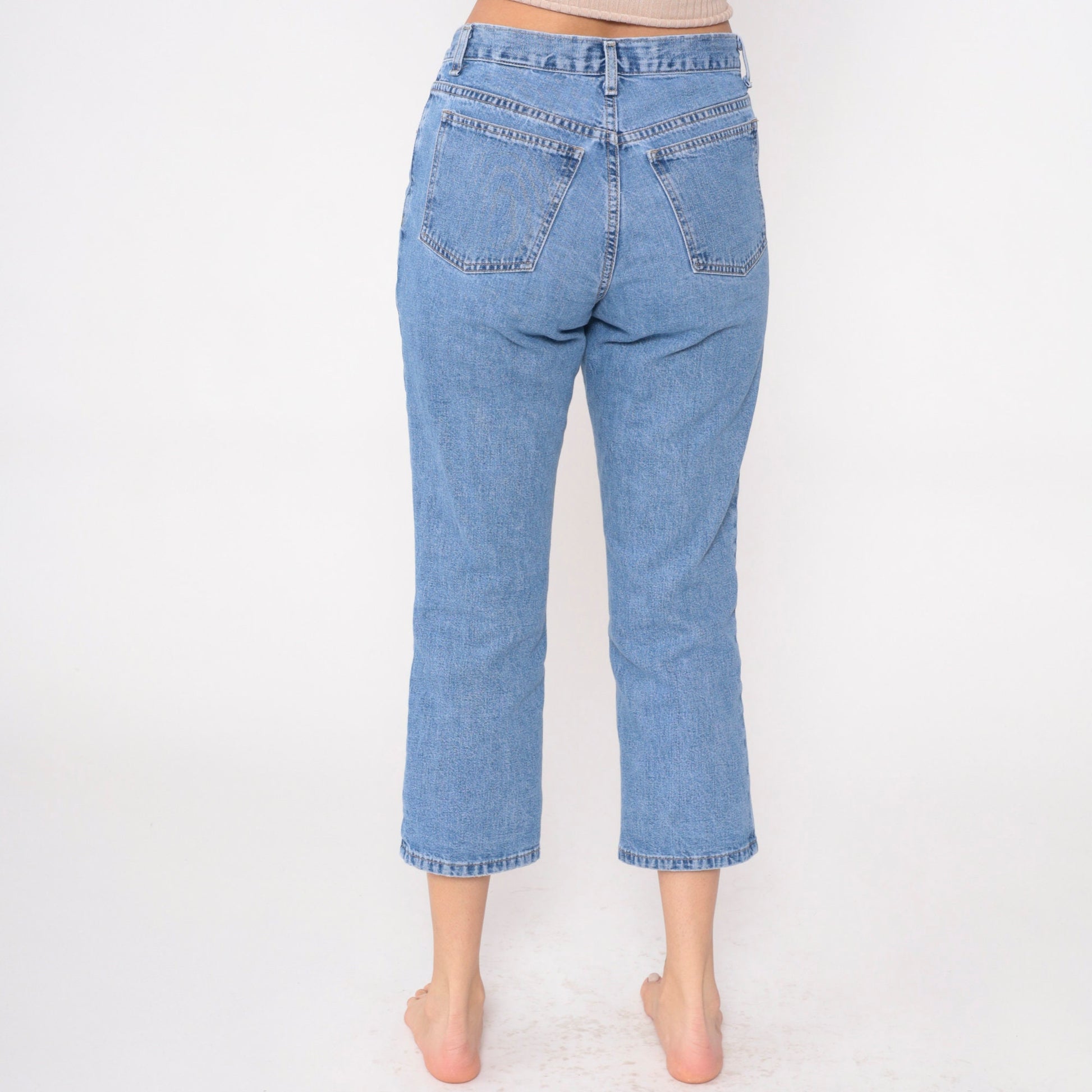 90s Capri Jeans Button Fly Mid Rise Cropped Denim Blue Small