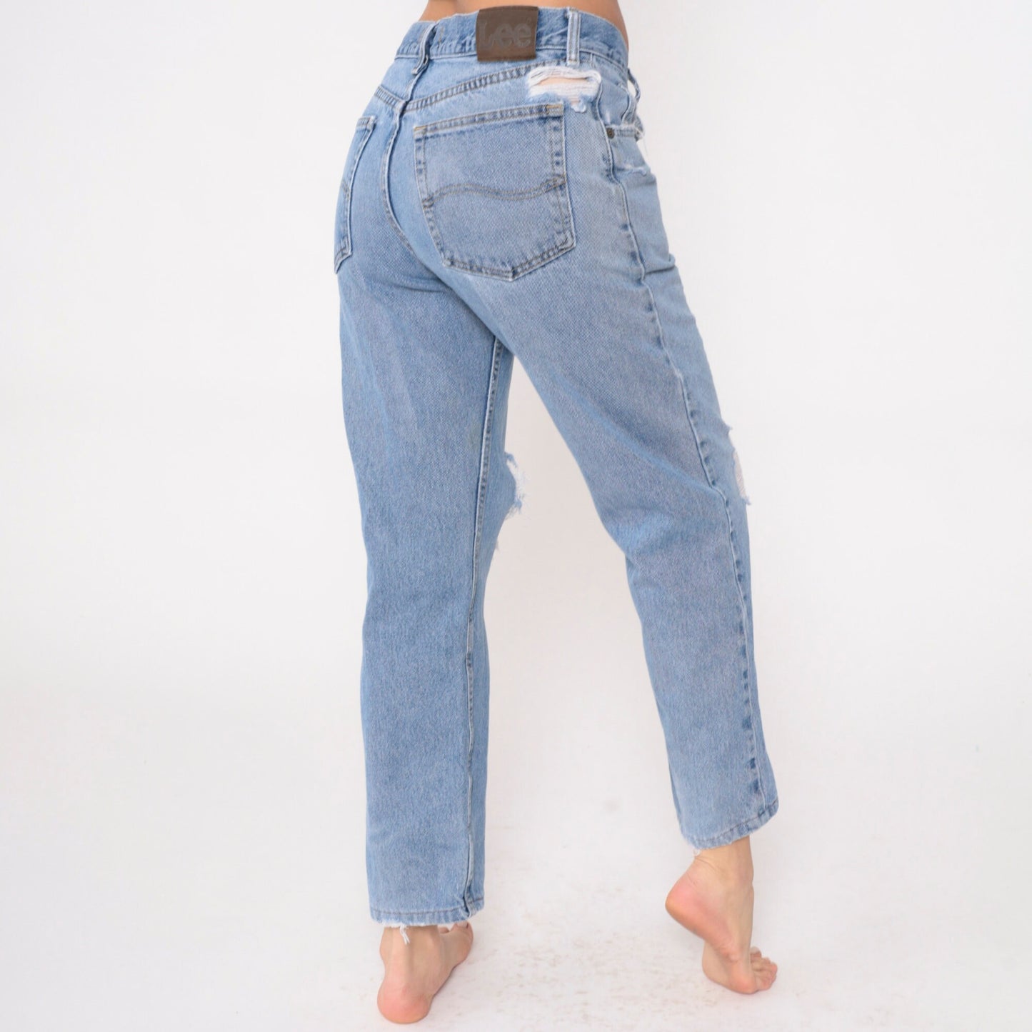 90s Lee Jeans Mid Rise Straight Leg Ripped Knee Blue Denim Medium