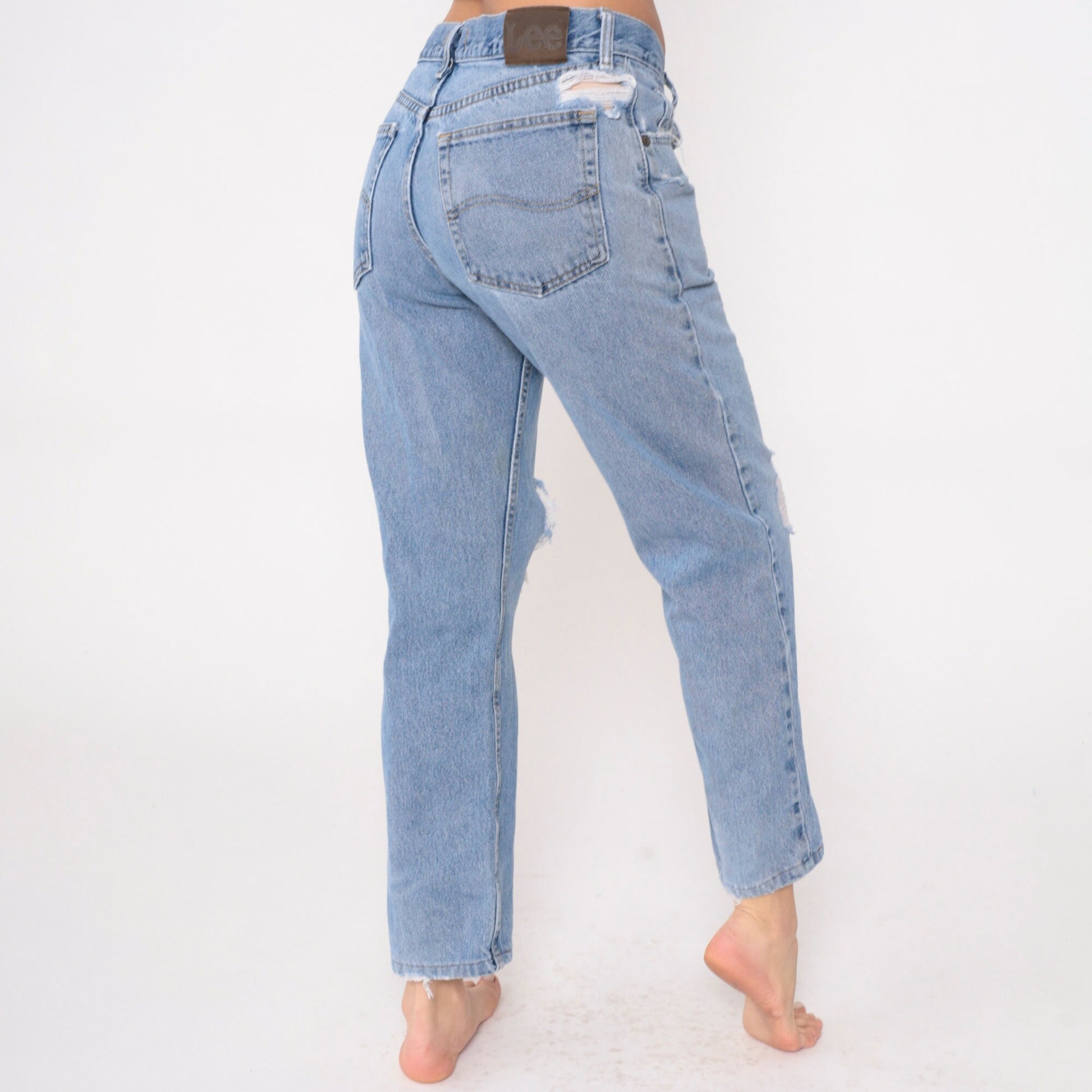 90s Lee Jeans Mid Rise Straight Leg Ripped Knee Blue Denim Medium