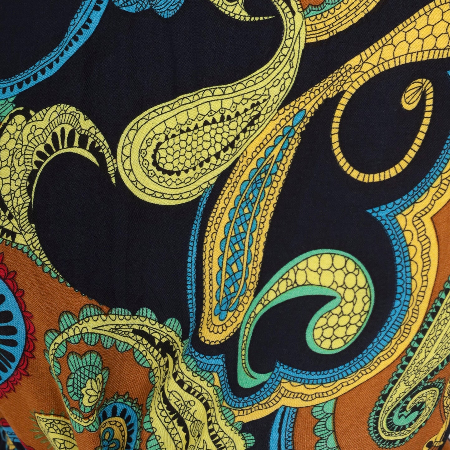 Y2K Paisley Sundress Drawstring Waist Sleeveless Shoulder Tie Black Yellow Medium