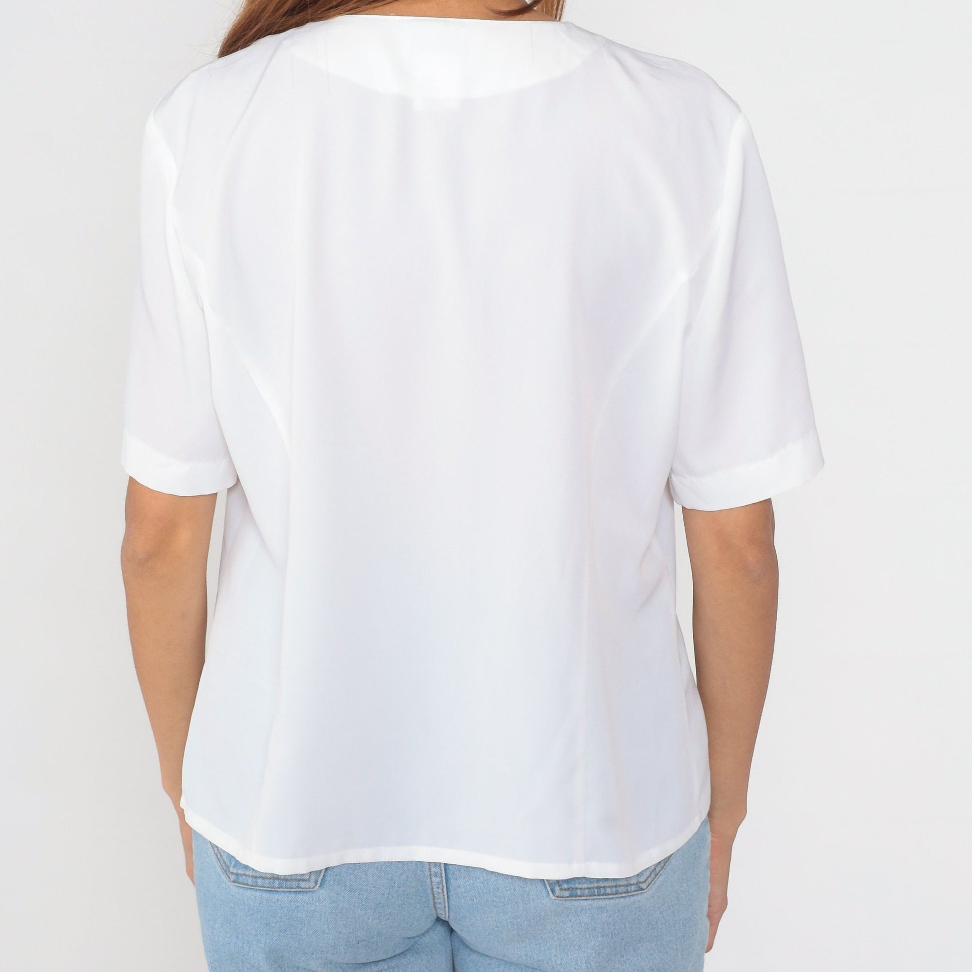 90s White Embroidered Pearl Beaded Button-Up Blouse Short Sleeve Large L