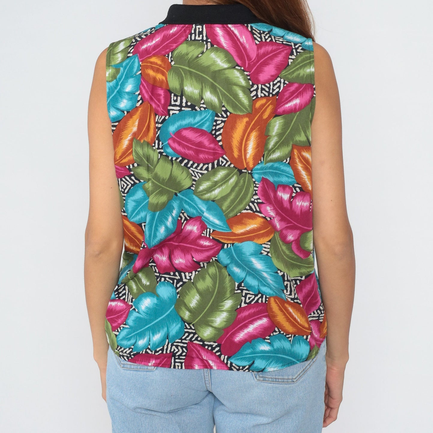 90s Tropical Leaf Print Button-Up Tank Top Collared Blouse Large L