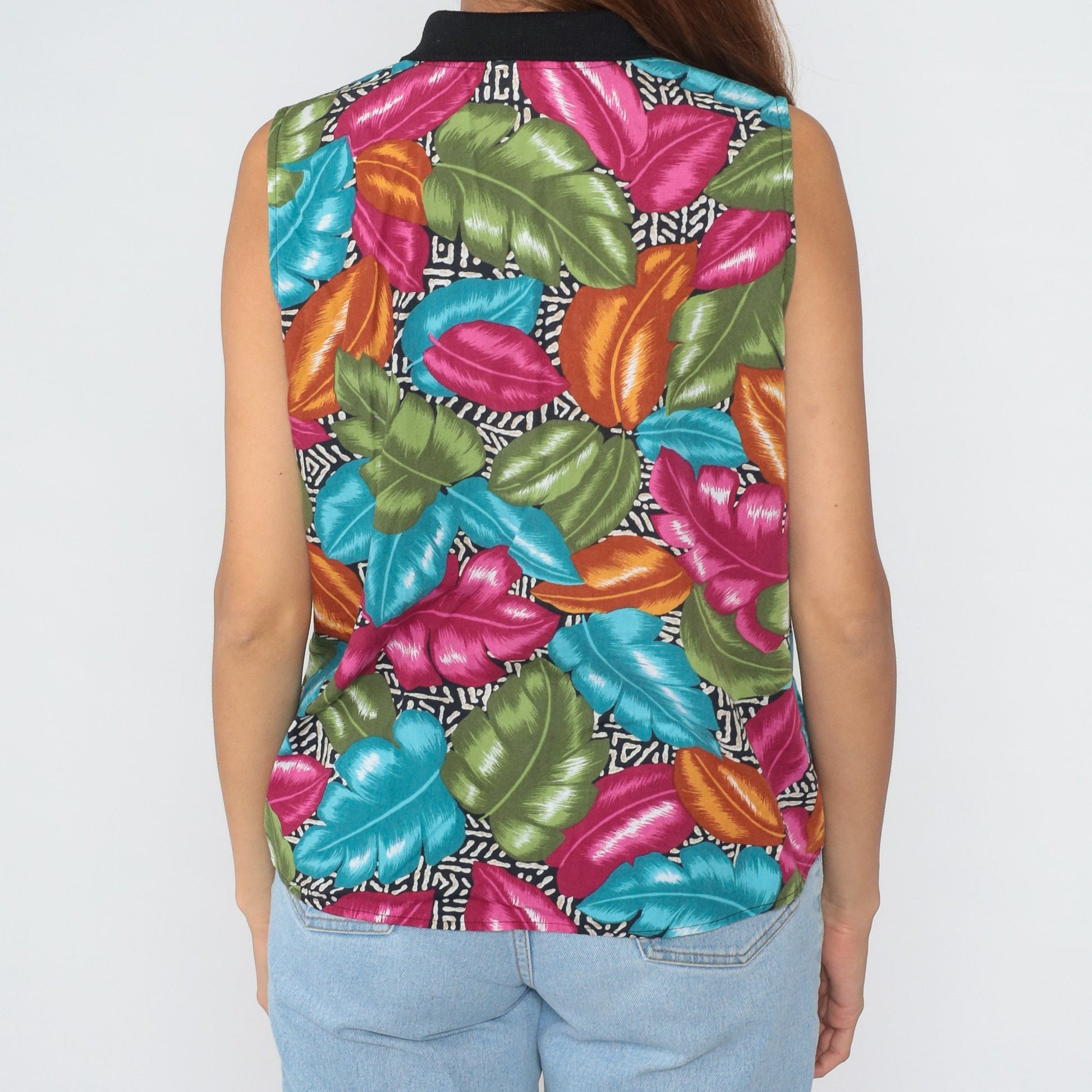90s Tropical Leaf Print Button-Up Tank Top Collared Blouse Large L