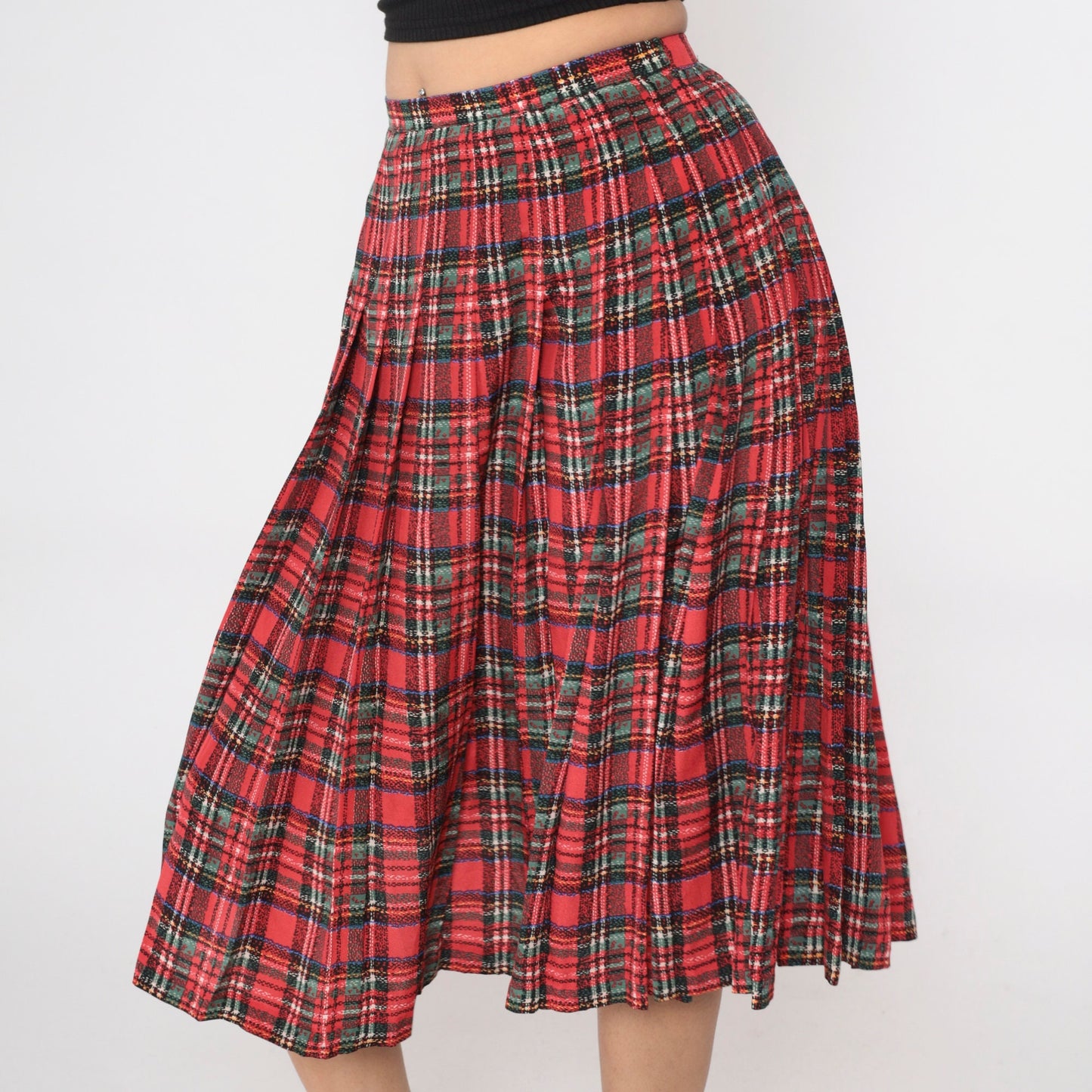80s Red Plaid Silk Midi Skirt Pleated High Waist Small