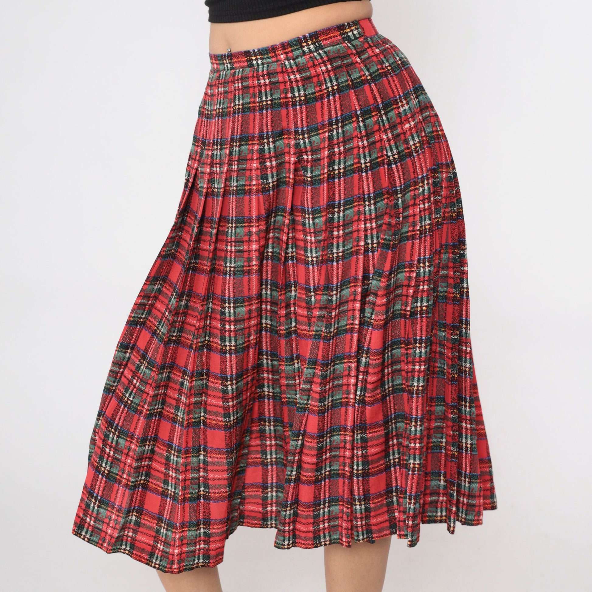 80s Red Plaid Silk Midi Skirt Pleated High Waist Small