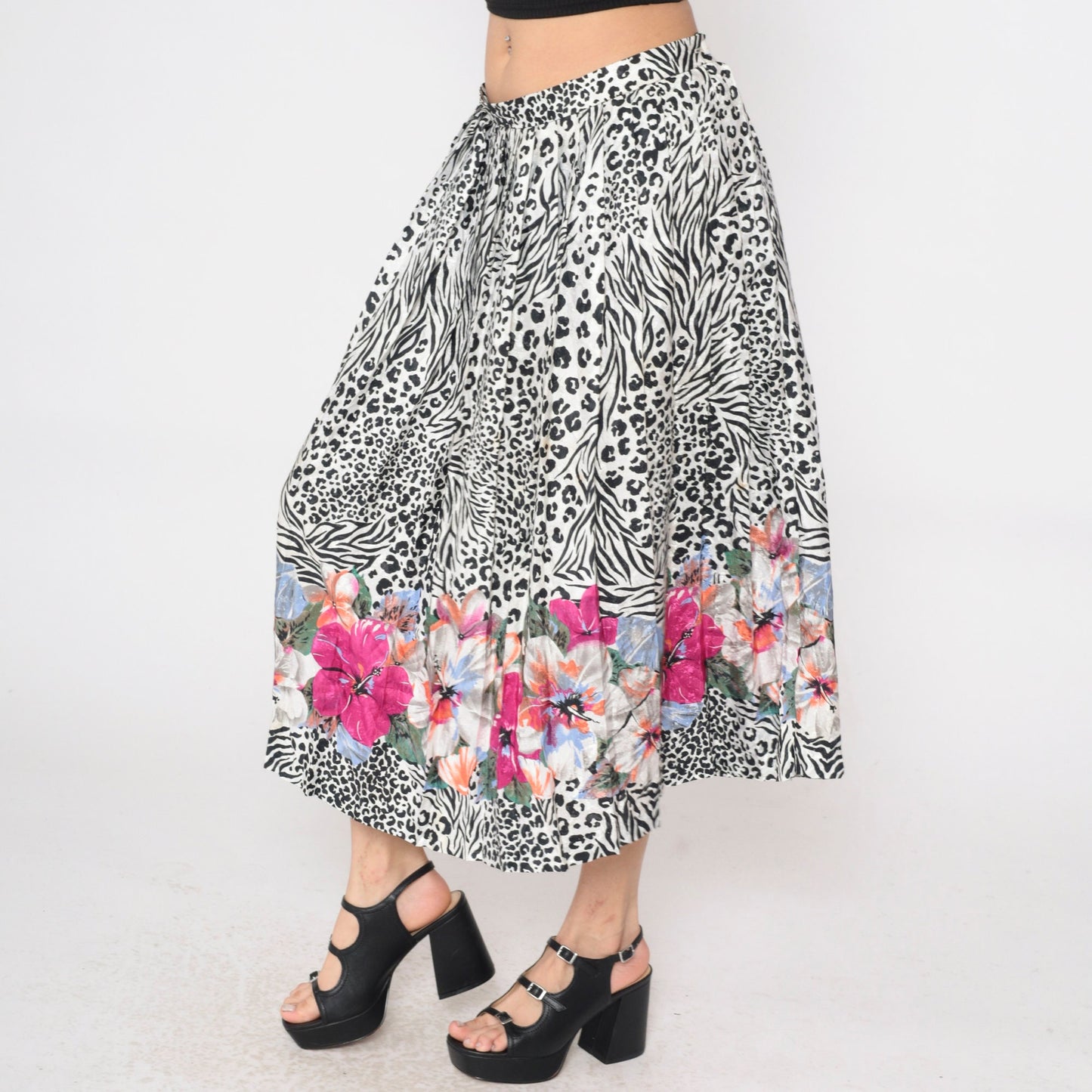 80s Leopard Zebra Floral Embossed Pleated Midi Skirt High Waist Black White Large