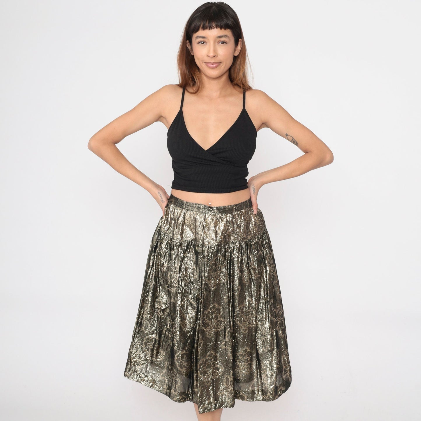 90s Gold Floral Midi Skirt High Waisted Metallic Yoke Small