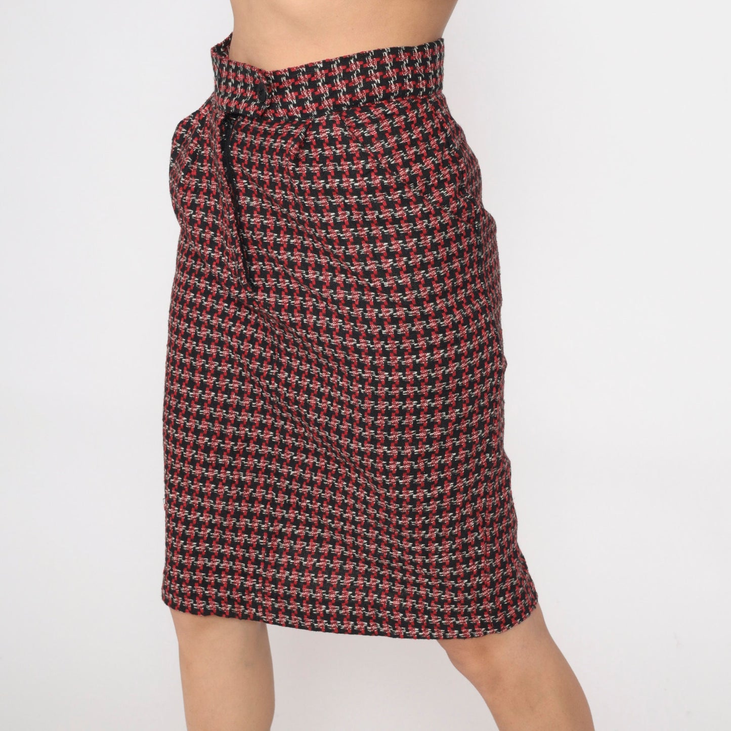 80s Diane von Furstenberg Houndstooth Pencil Skirt High Waisted Black Red White Small