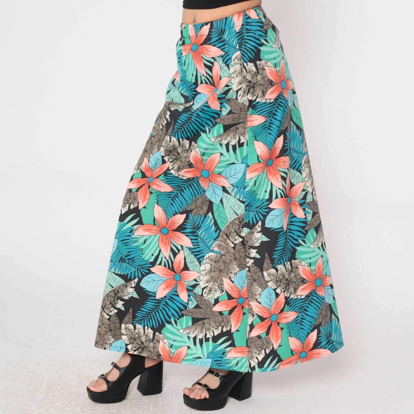 80s Tropical Floral Maxi Skirt High Waist Fern Print Blue Green Orange Small