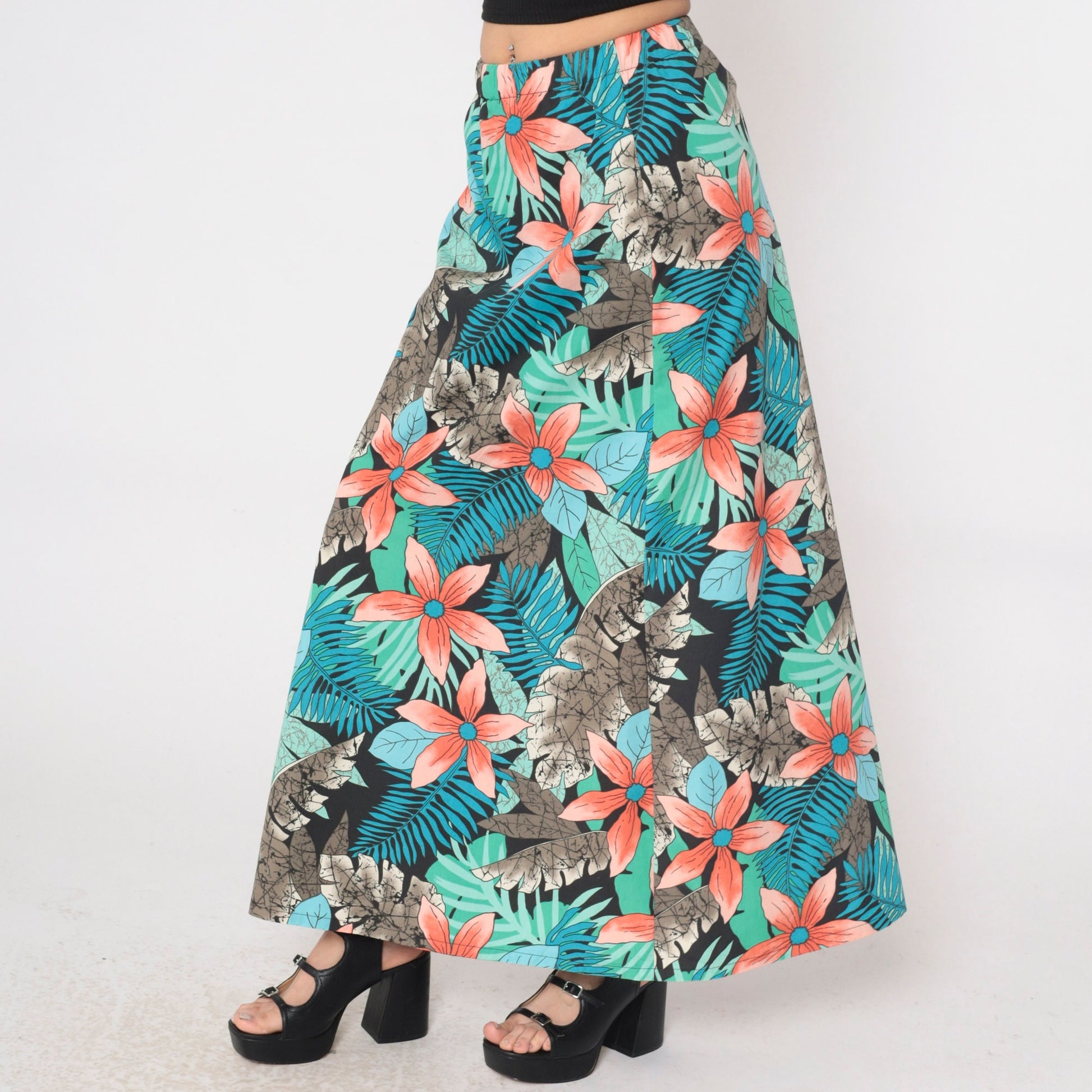 80s Tropical Floral Maxi Skirt High Waist Fern Print Blue Green Orange Small