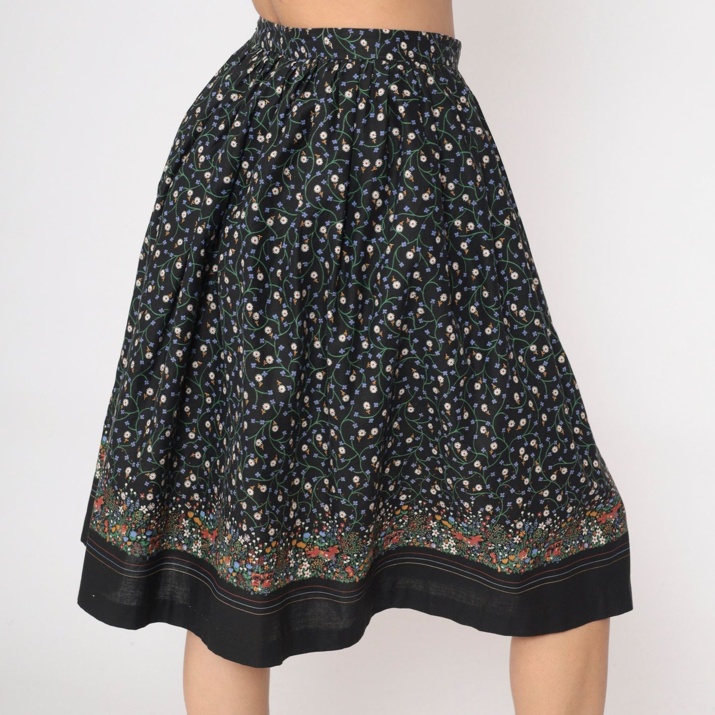 80s Black Floral Animal Print Wrap Skirt Ditsy Bunny Squirrel Raccoon Extra Small