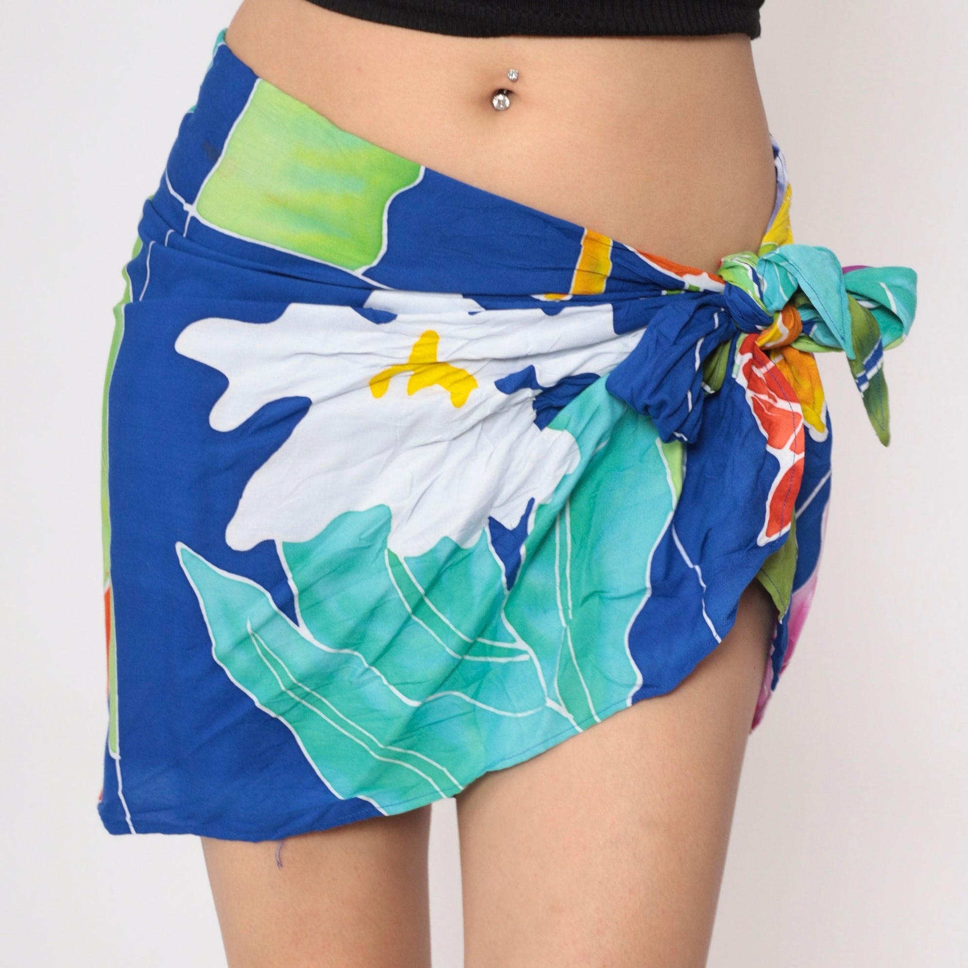 80s Buster N Bogi Tropical Sarong Mini Skirt Blue Floral Rayon Medium