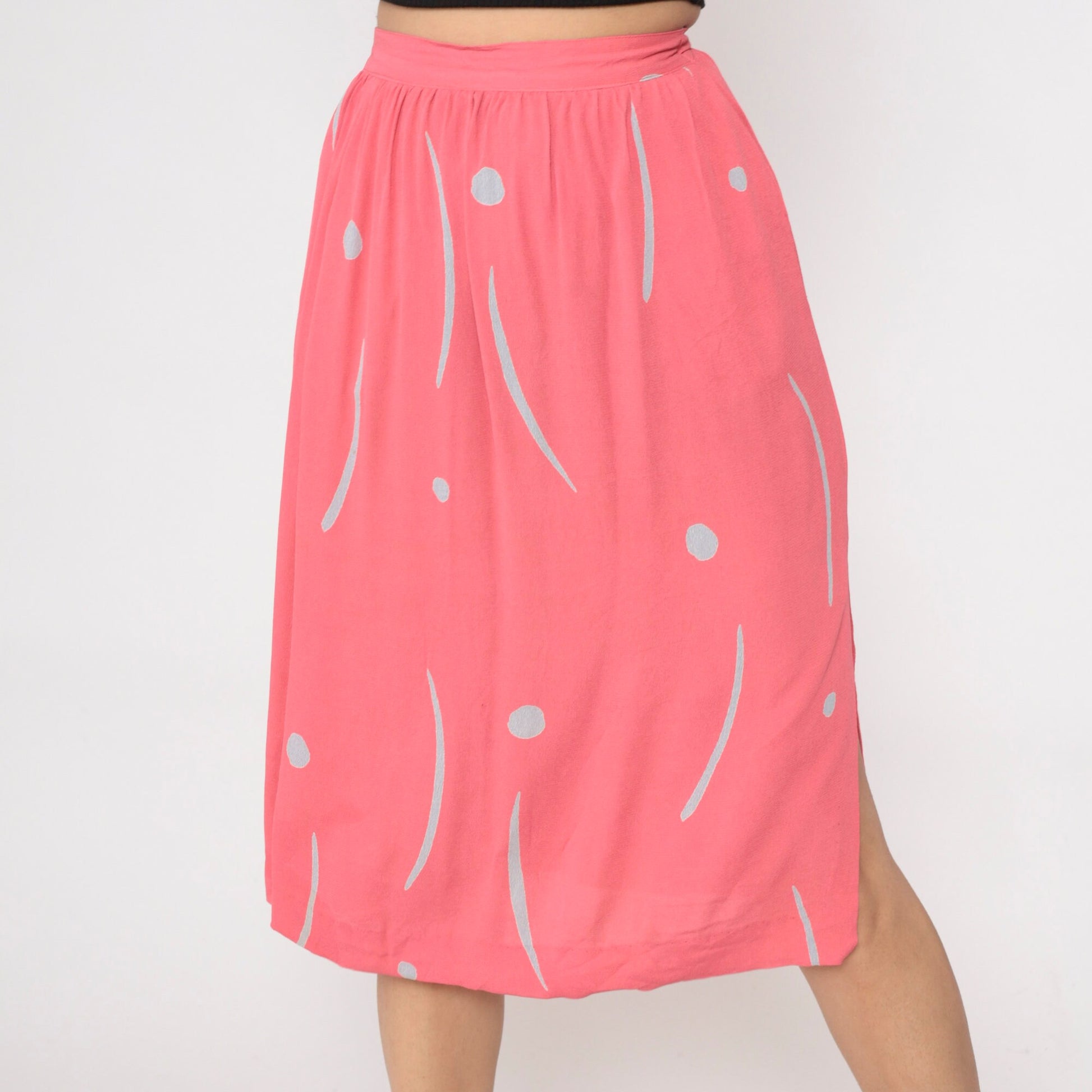 80s Uri Bloch Prive Pink Dot Line Print Midi Skirt High Waist Pockets Extra Small