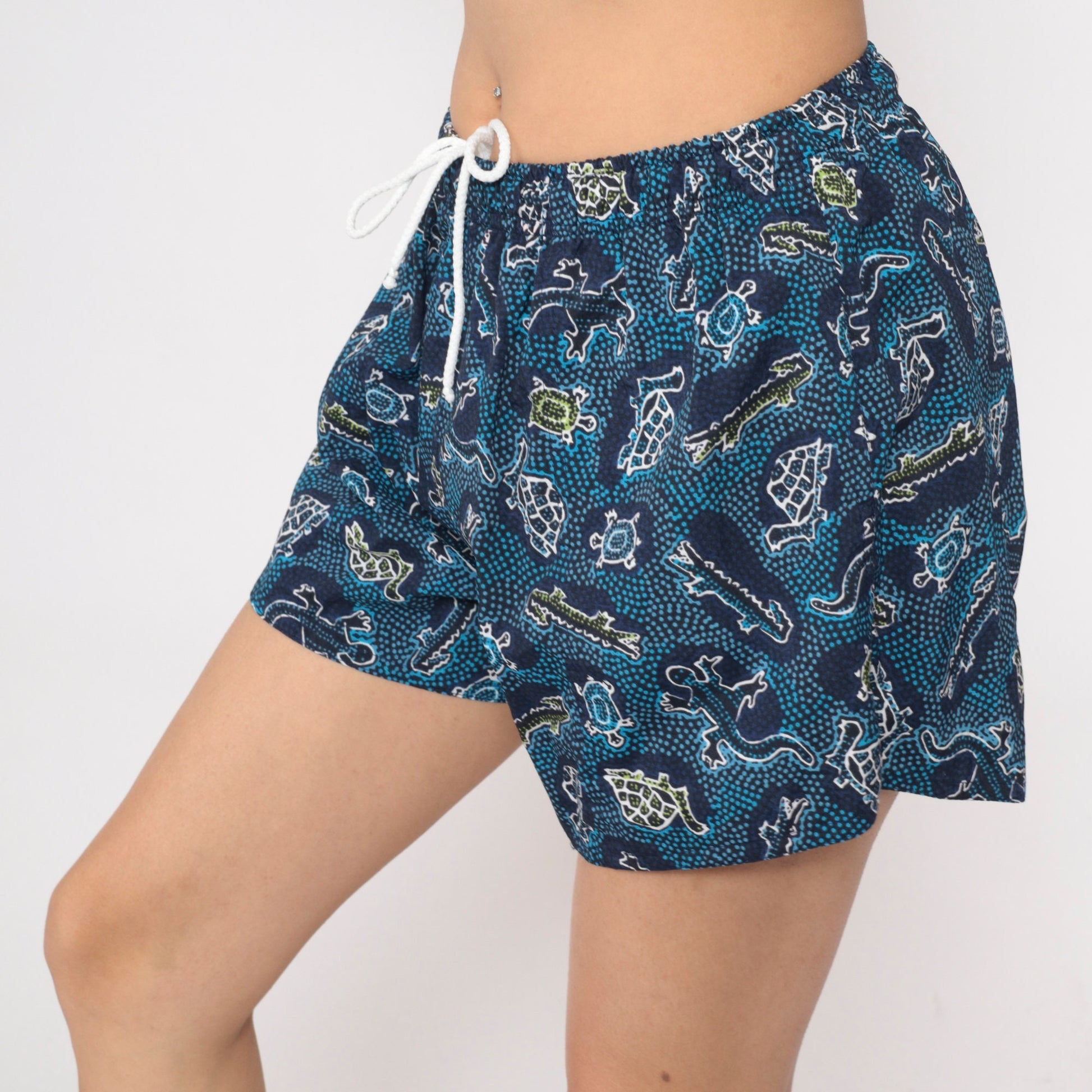 00s Turtle Alligator Print Swim Shorts Blue Elastic Waist Small