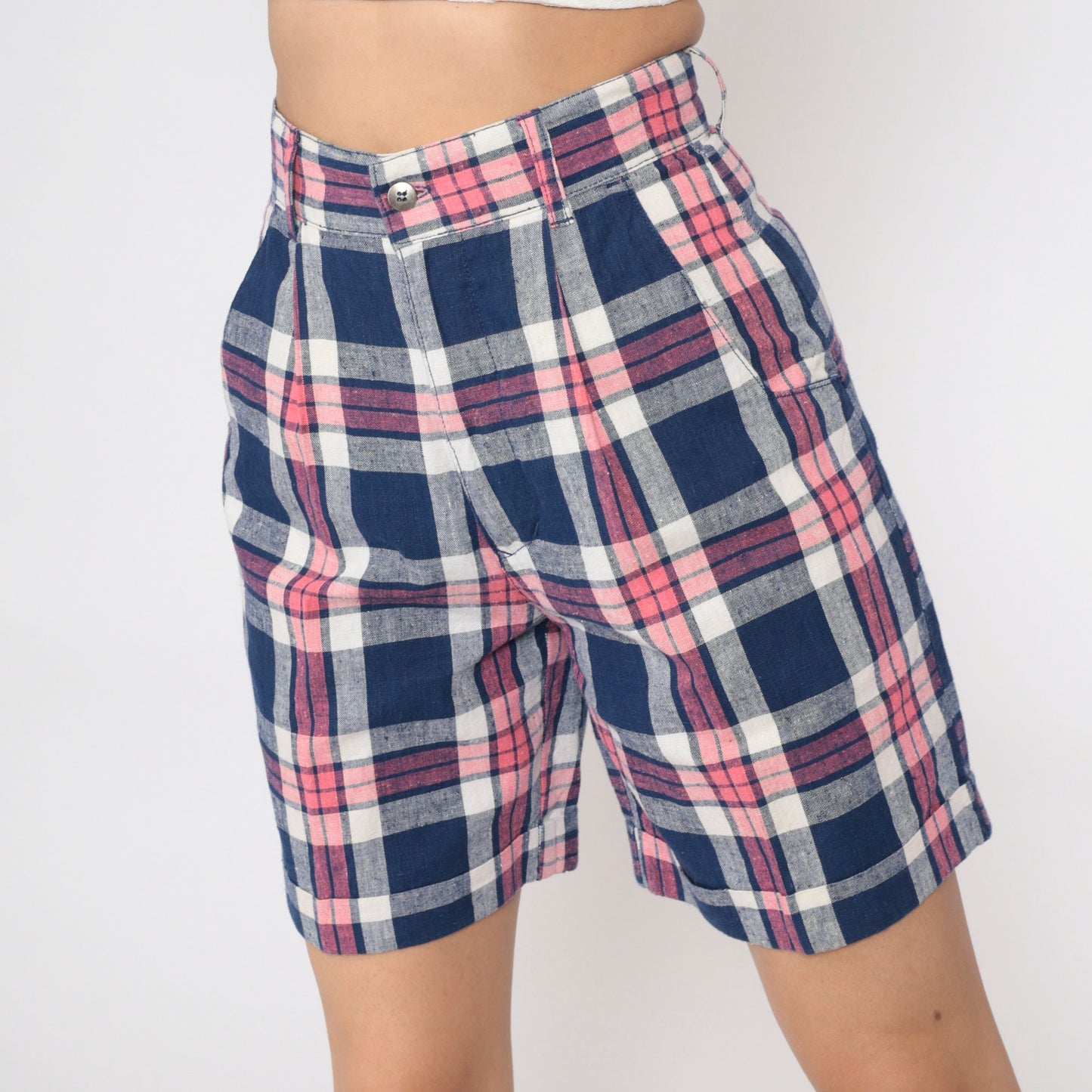 90s Dark Blue Pink Plaid High-Waisted Shorts Pleated Cotton Small