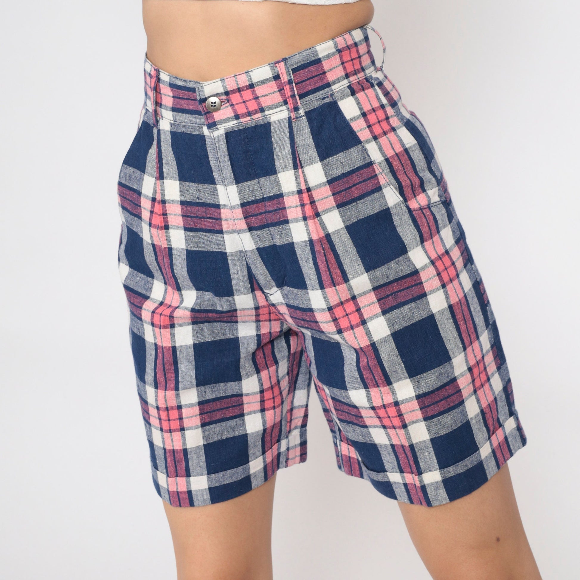 90s Dark Blue Pink Plaid High-Waisted Shorts Pleated Cotton Small