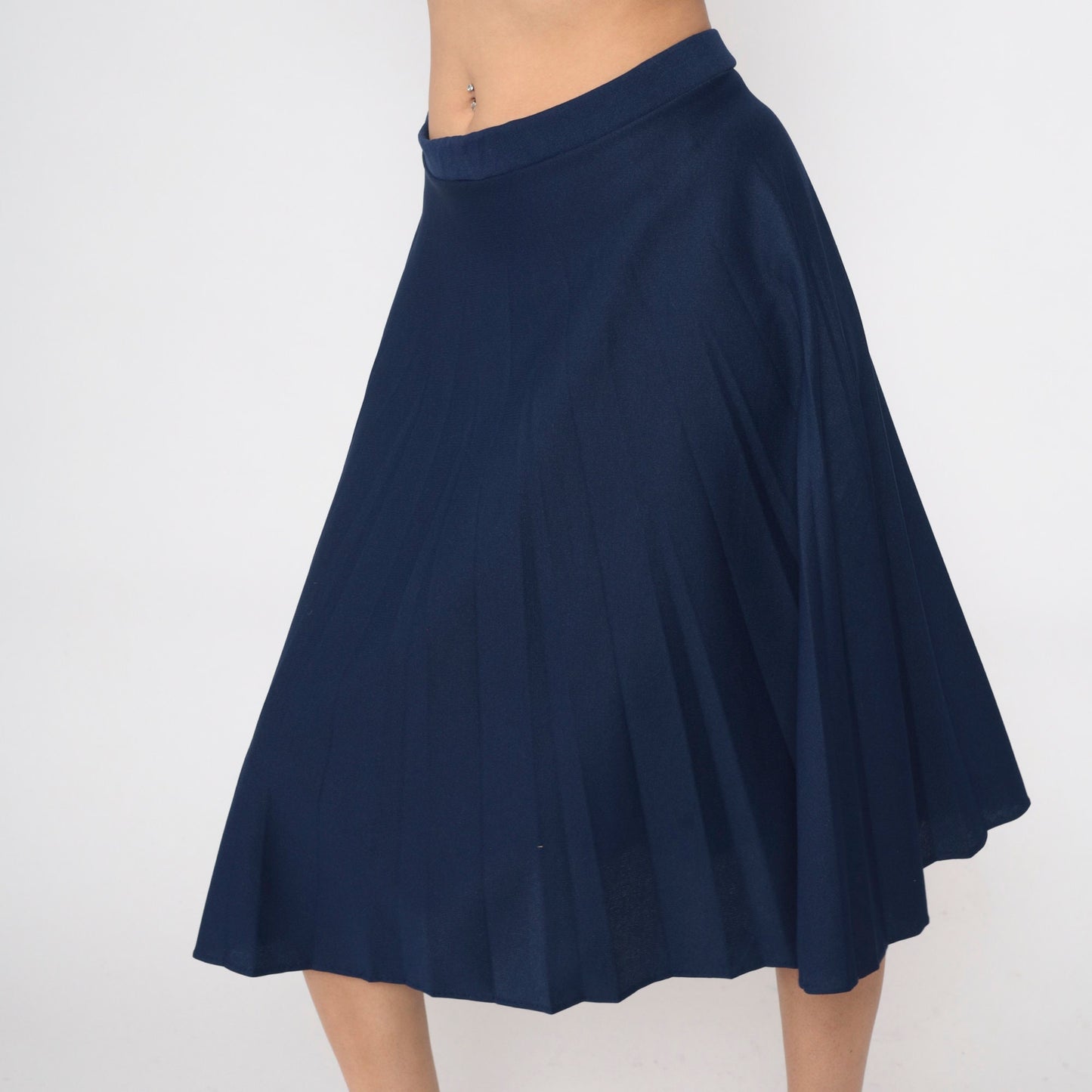 80s Navy Pleated Skirt High Waist Knee Length A-Line Large 14