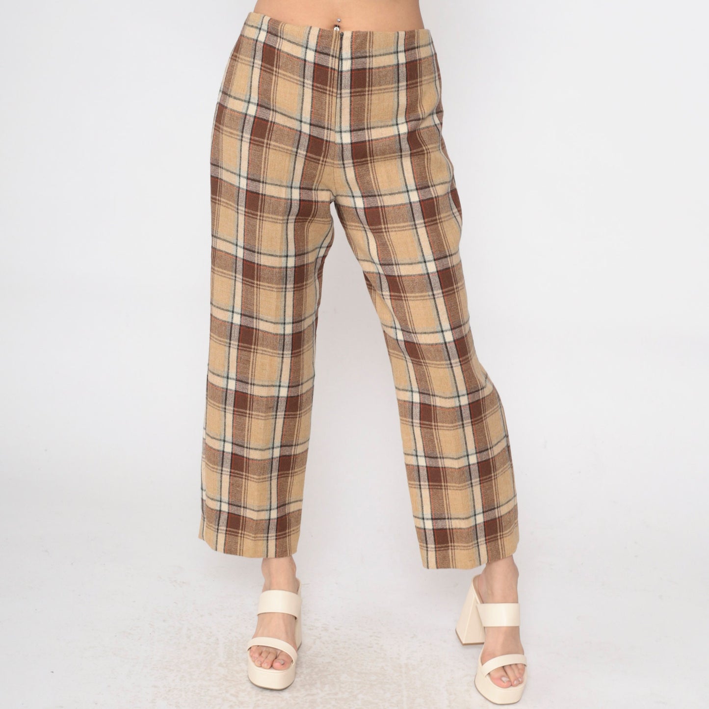 60s Tan Plaid Wool Trousers High Waisted Straight Leg Large L