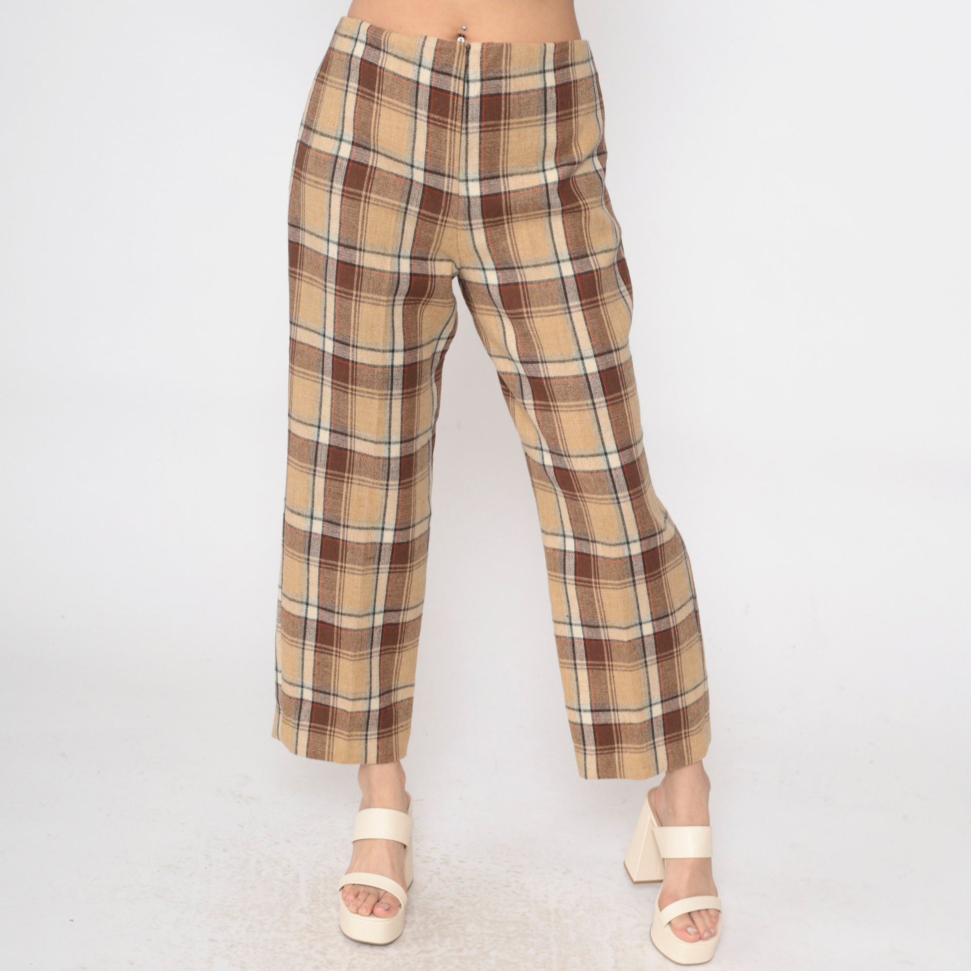60s Tan Plaid Wool Trousers High Waisted Straight Leg Large L