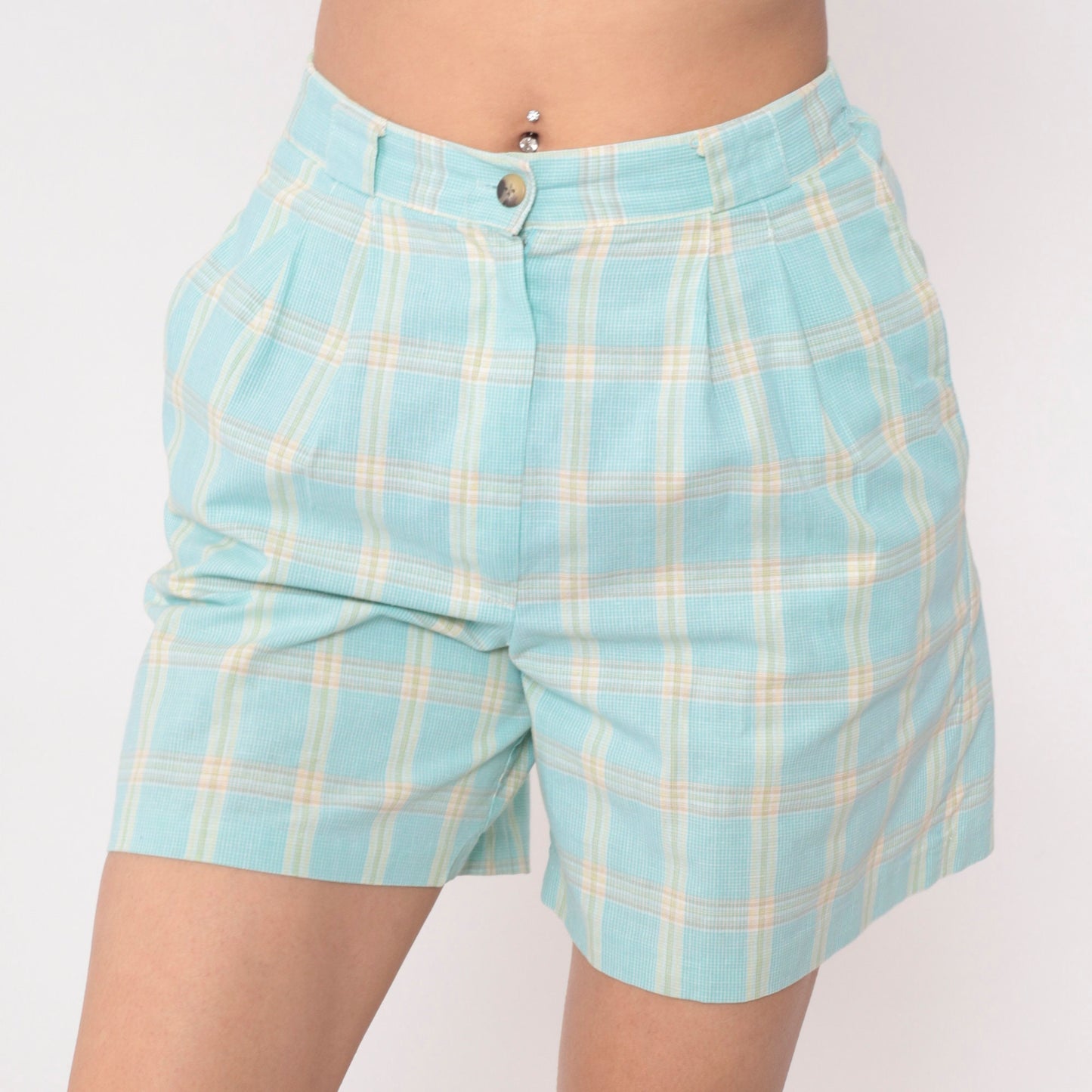 90s Plaid High-Waisted Shorts Aqua Blue Yellow Pleated Cotton Medium