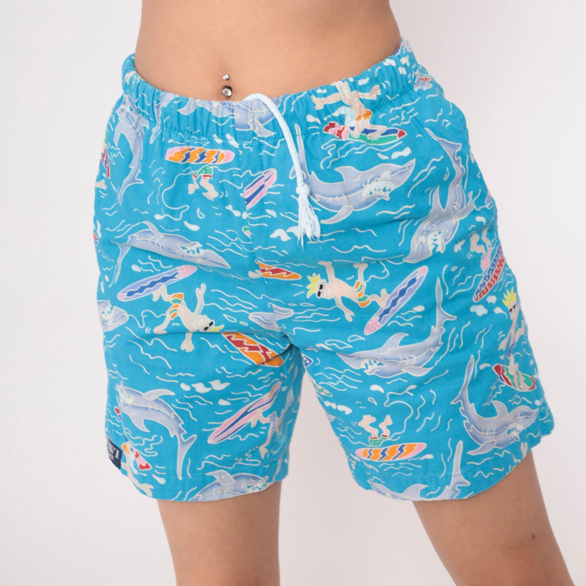 90s Kiwi Surf Shark Surfer Print Swim Shorts Blue Cotton Small