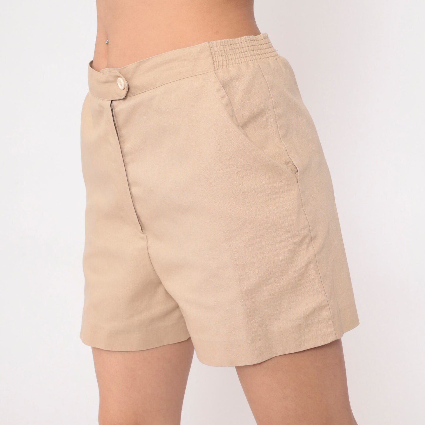 80s Tan High-Waisted Shorts Elastic Waist Cotton Blend Medium