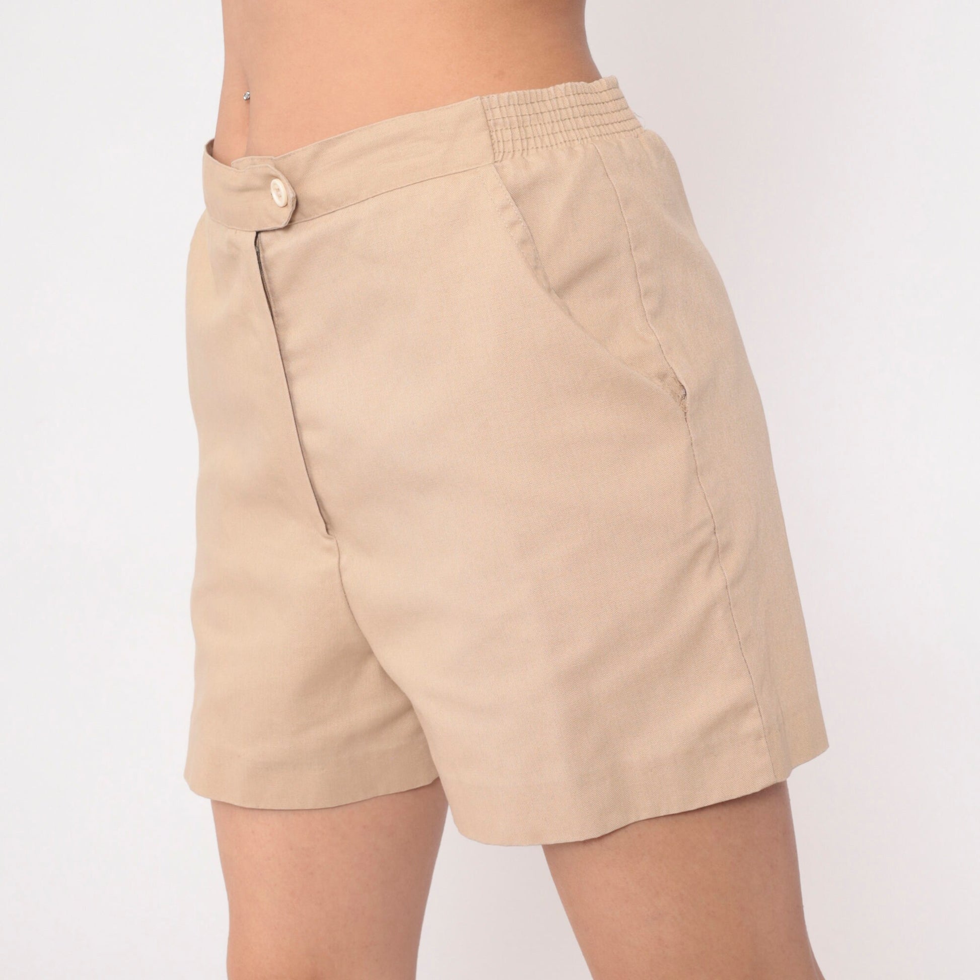 80s Tan High-Waisted Shorts Elastic Waist Cotton Blend Medium