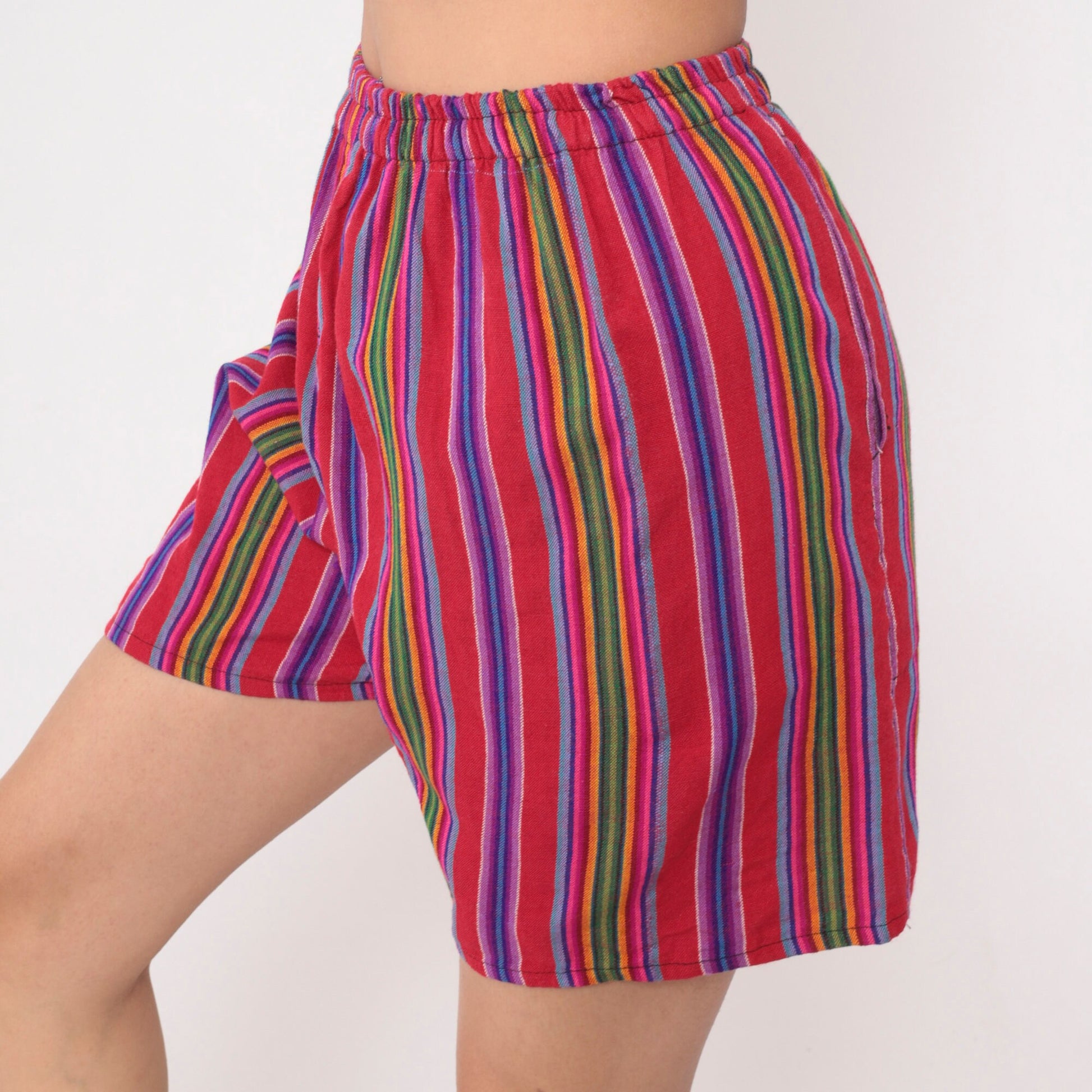 00s Striped Serape Shorts Red Rainbow Elastic Waist Small