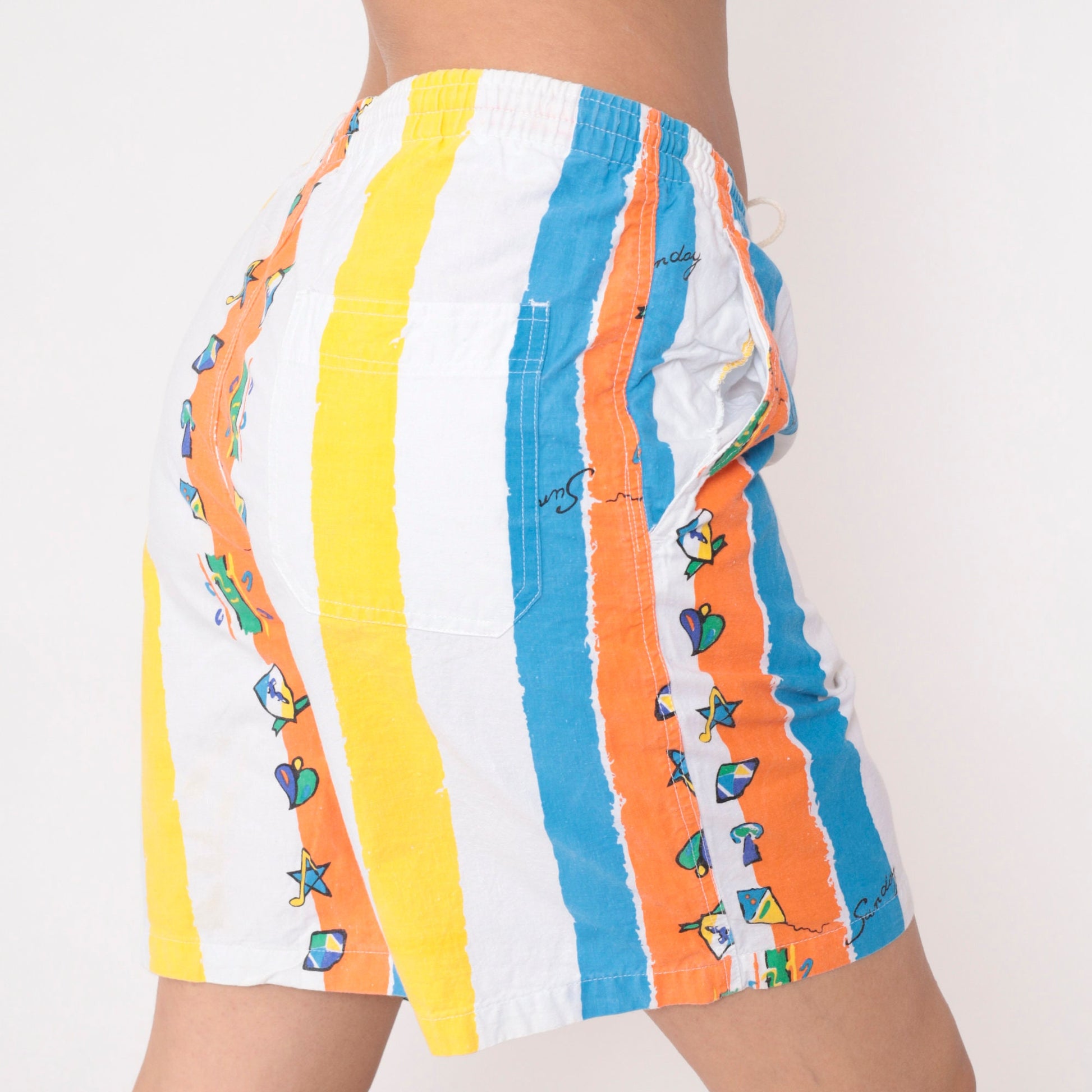 90s Striped Shorts Kung Fu Musical Notes Palm Trees Blue Orange Medium