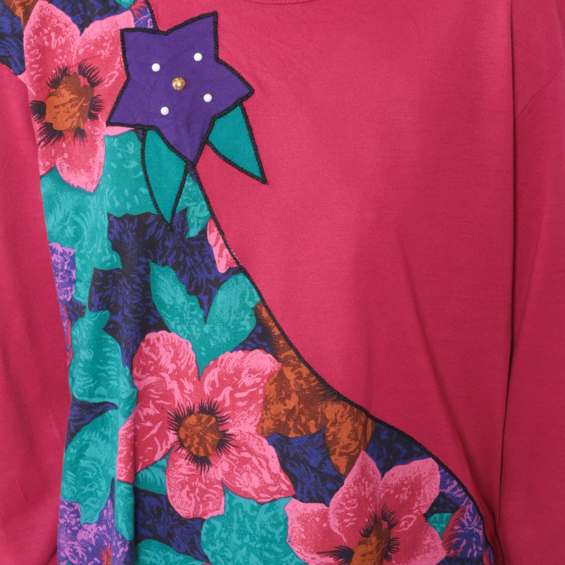 90s Pink Floral Long Sleeve Blouse Pearl Beaded Colorblock Shirt Medium