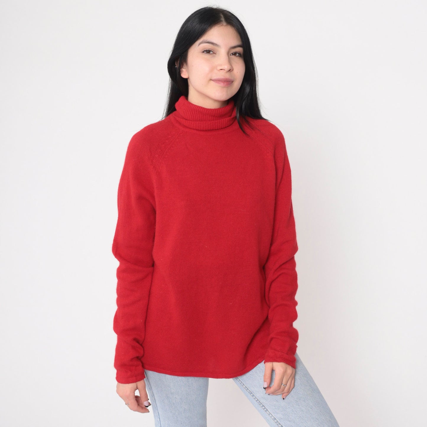 90s Red Wool Angora Turtleneck Raglan Sweater Knit Pullover Large L