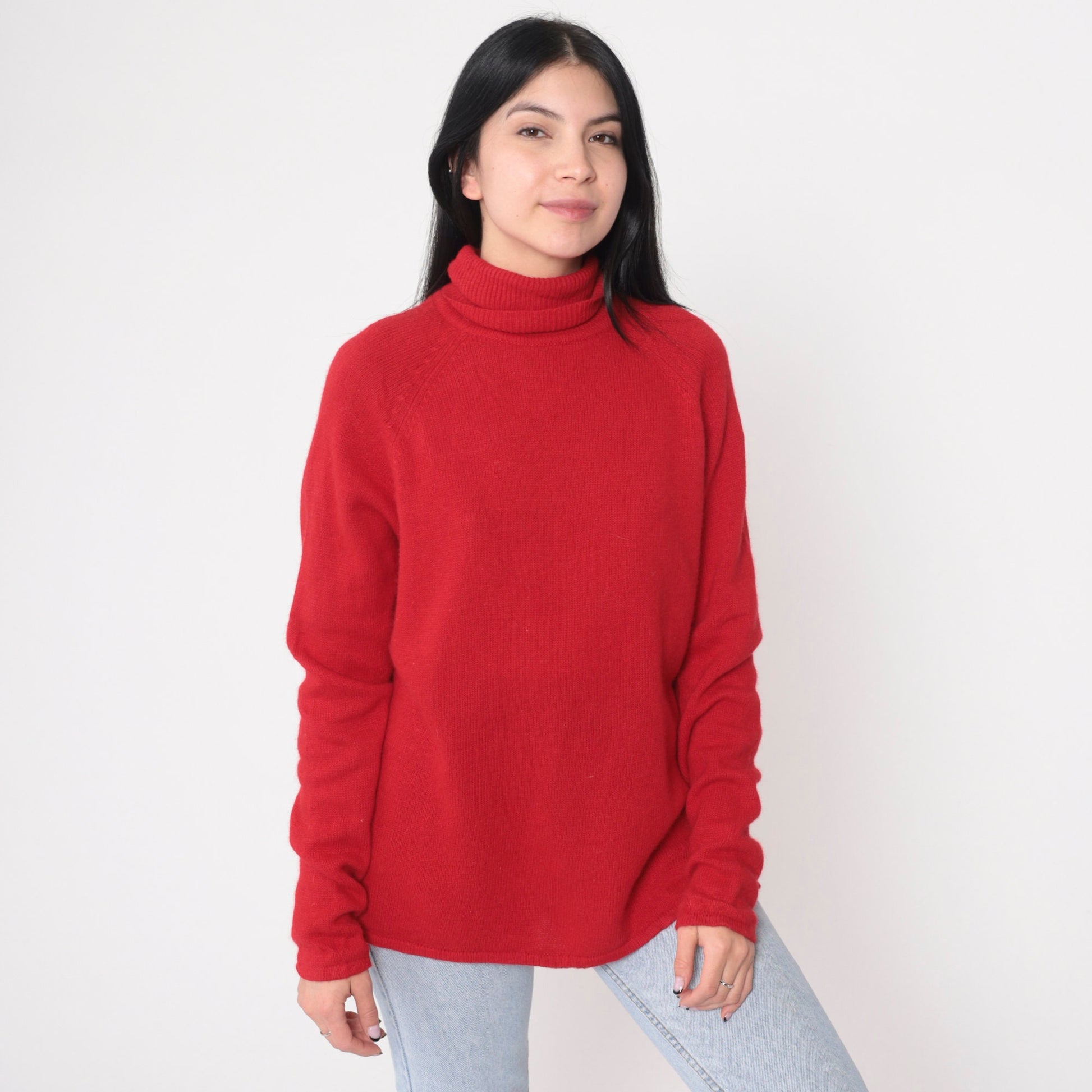 90s Red Wool Angora Turtleneck Raglan Sweater Knit Pullover Large L