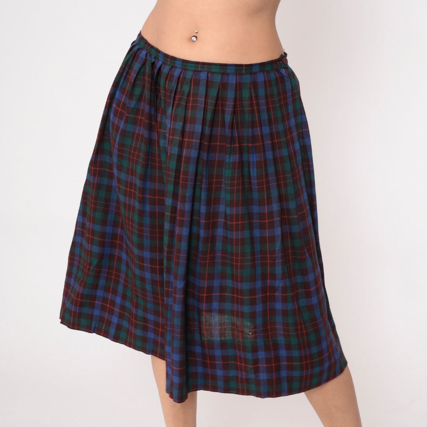 80s Maroon Blue Green Plaid Midi Skirt High Waist Pleated Large