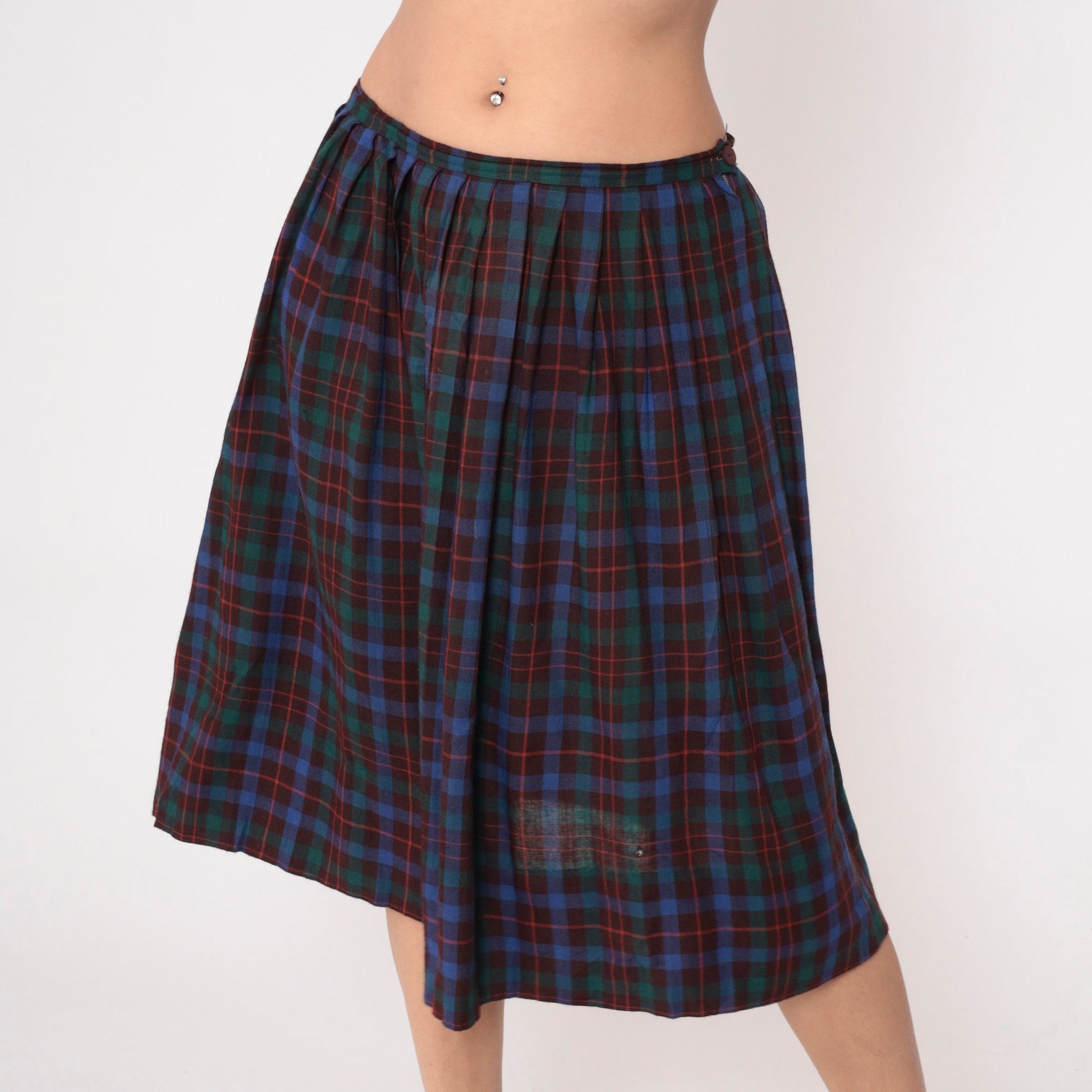 80s Maroon Blue Green Plaid Midi Skirt High Waist Pleated Large