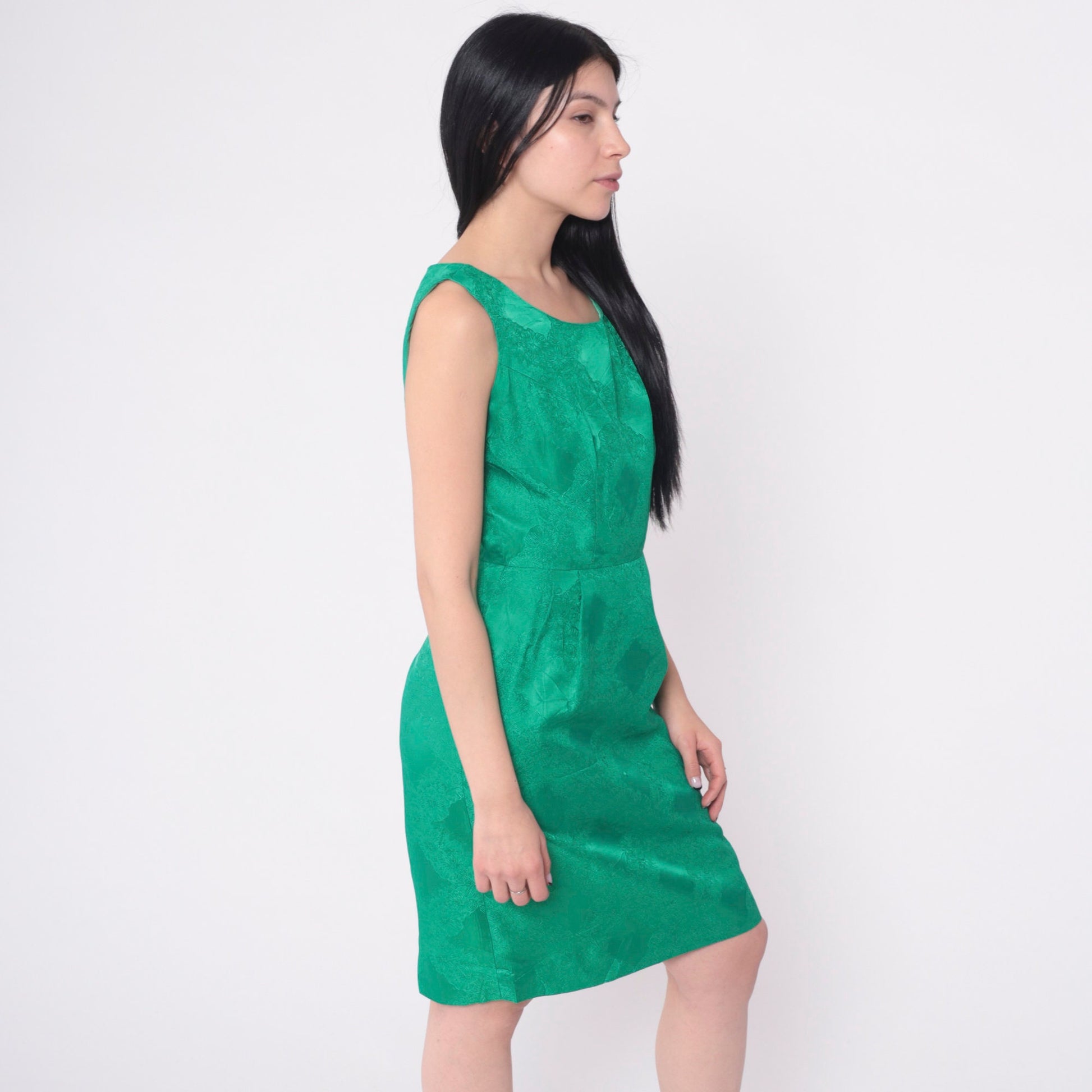 1960s Green Damask Floral Cocktail Dress Sleeveless Mini Small