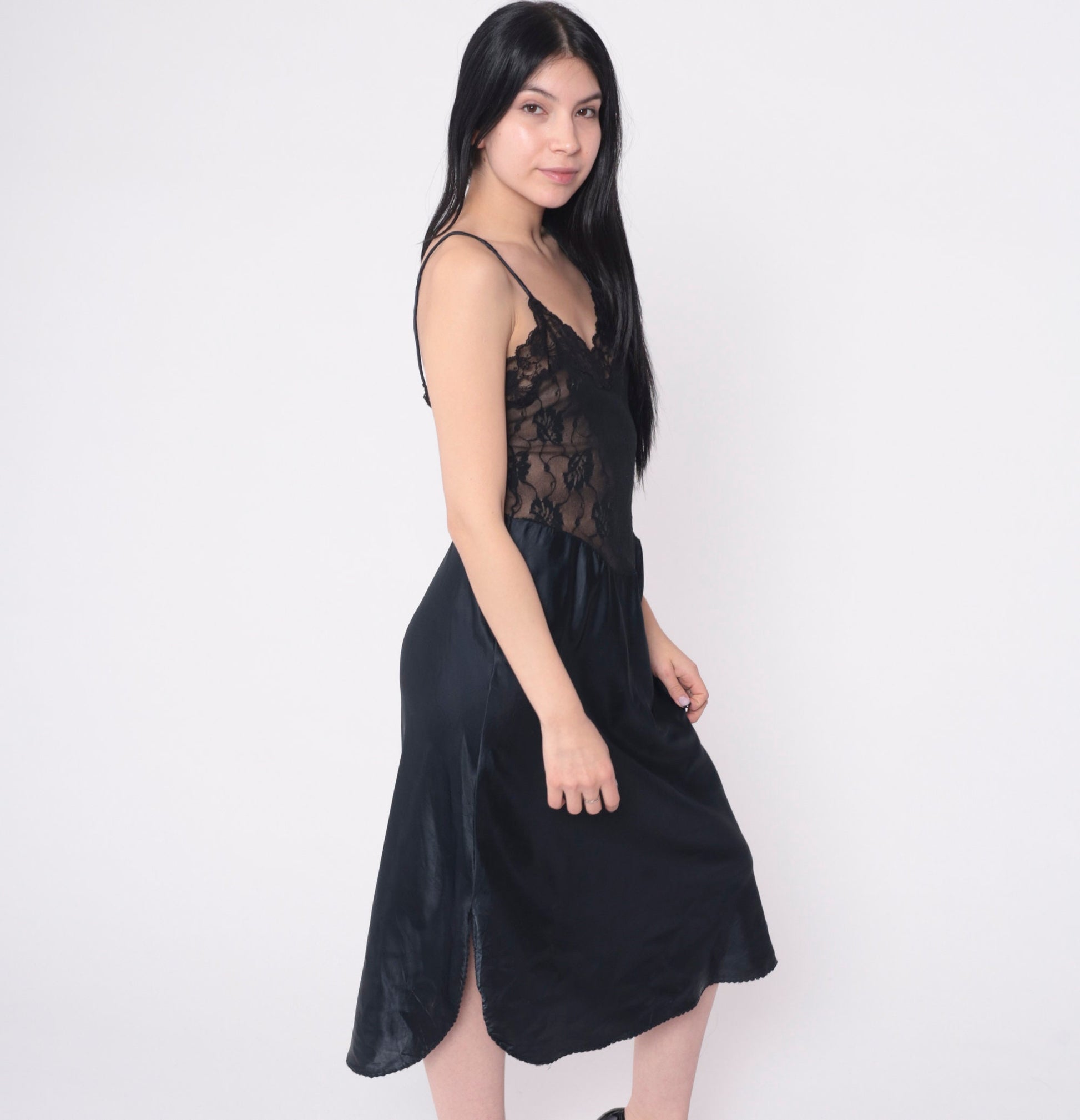 80s Black Sheer Lace Slip Dress Basque Waist V Back Midi Lingerie Medium